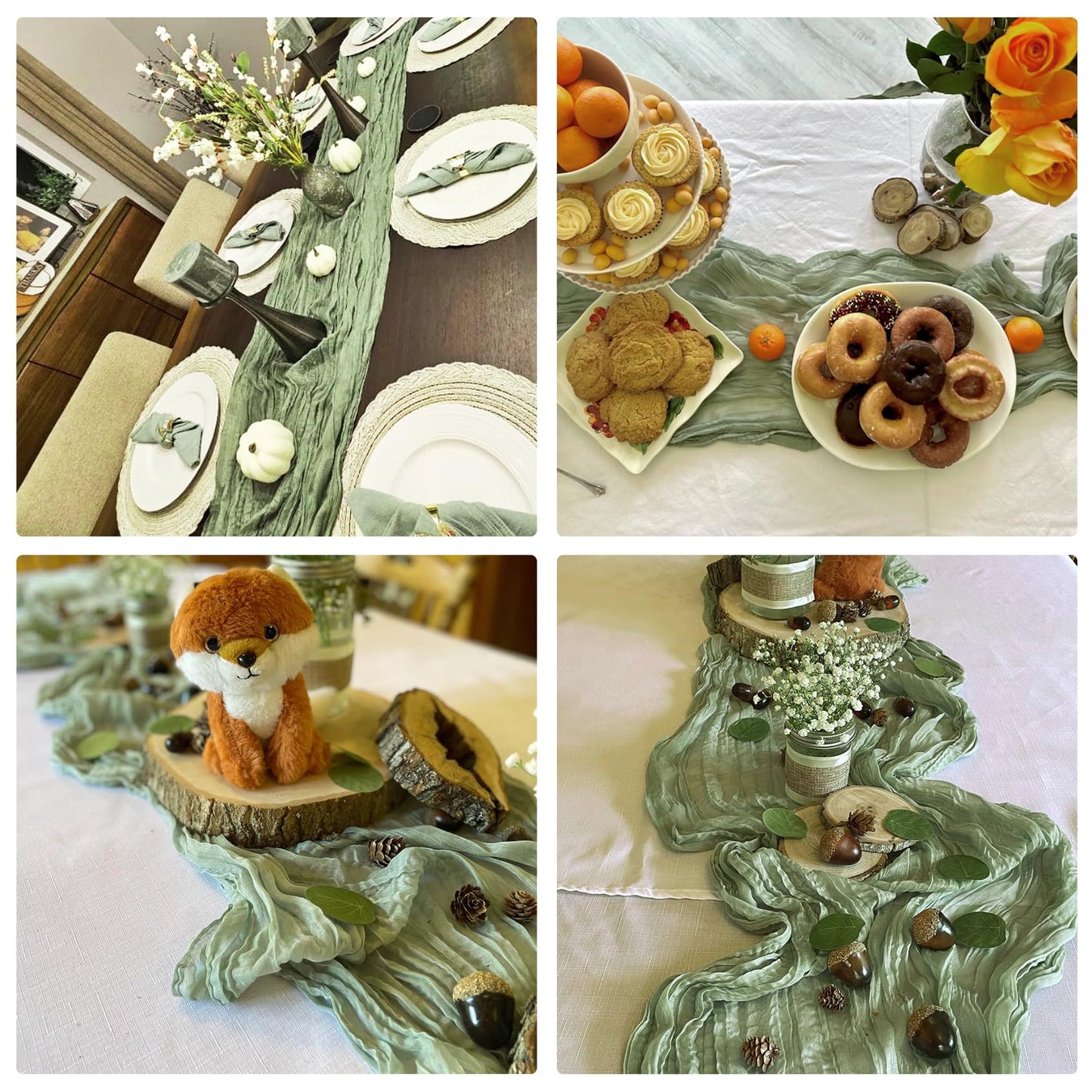 10 Pack Sage Green Cheesecloth Table Runner 10FT Boho Gauze Fabric Table Runner Vintage Rustic Sheer Runners for Wedding Party Bridal Baby Shower Long Table Decorations
