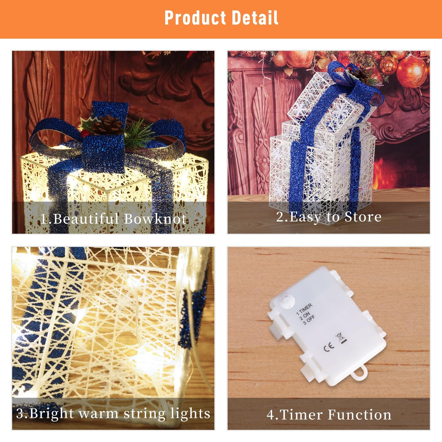 Christmas Decorations, Set of 3 Christmas Lighted Gift Boxes, Battery Operated Xmas Present Boxes, Warm White LED with Bows for Indoor Christmas Tree, Yard, Home Decor (Blue Bow)