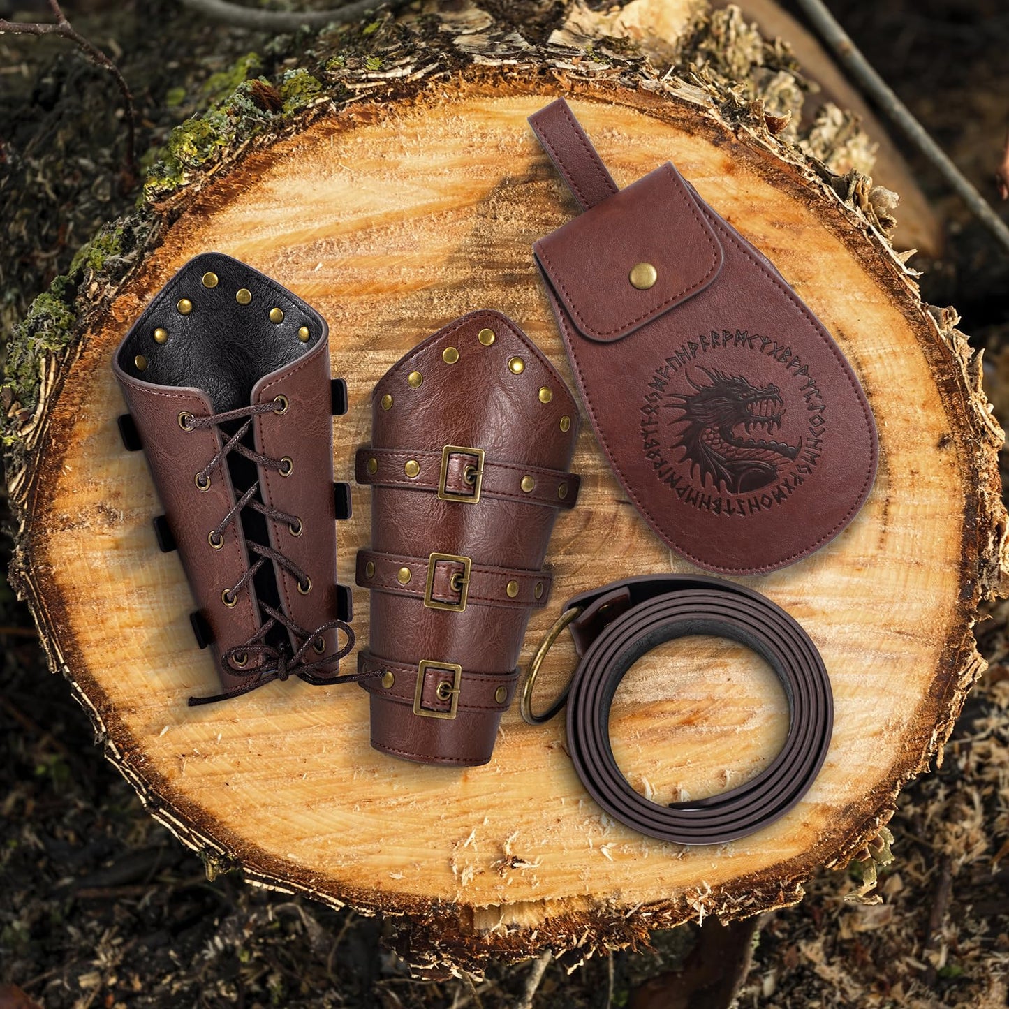 Berenlu 3 PCS Renaissance Accessories, Viking Renaissance Belt Medieval Vintage Belt Pouch and Leather Bracers, Enhance Your Halloween Renaissance Cosplay with Medieval Accessories (Brown)