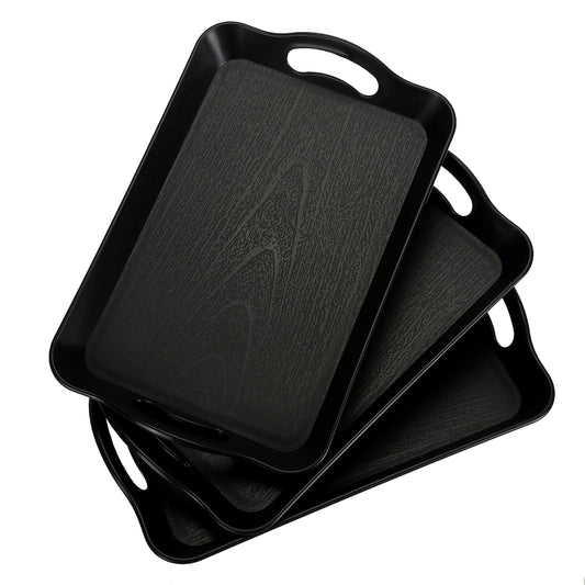 Cedilis 3 Pack Black Serving Trays with Handles,16 x 11IN Rectangular Non Skid Multi-Purpose Plastic OttomanTray for Restaurant, Parties, Coffee Table, Kitchen