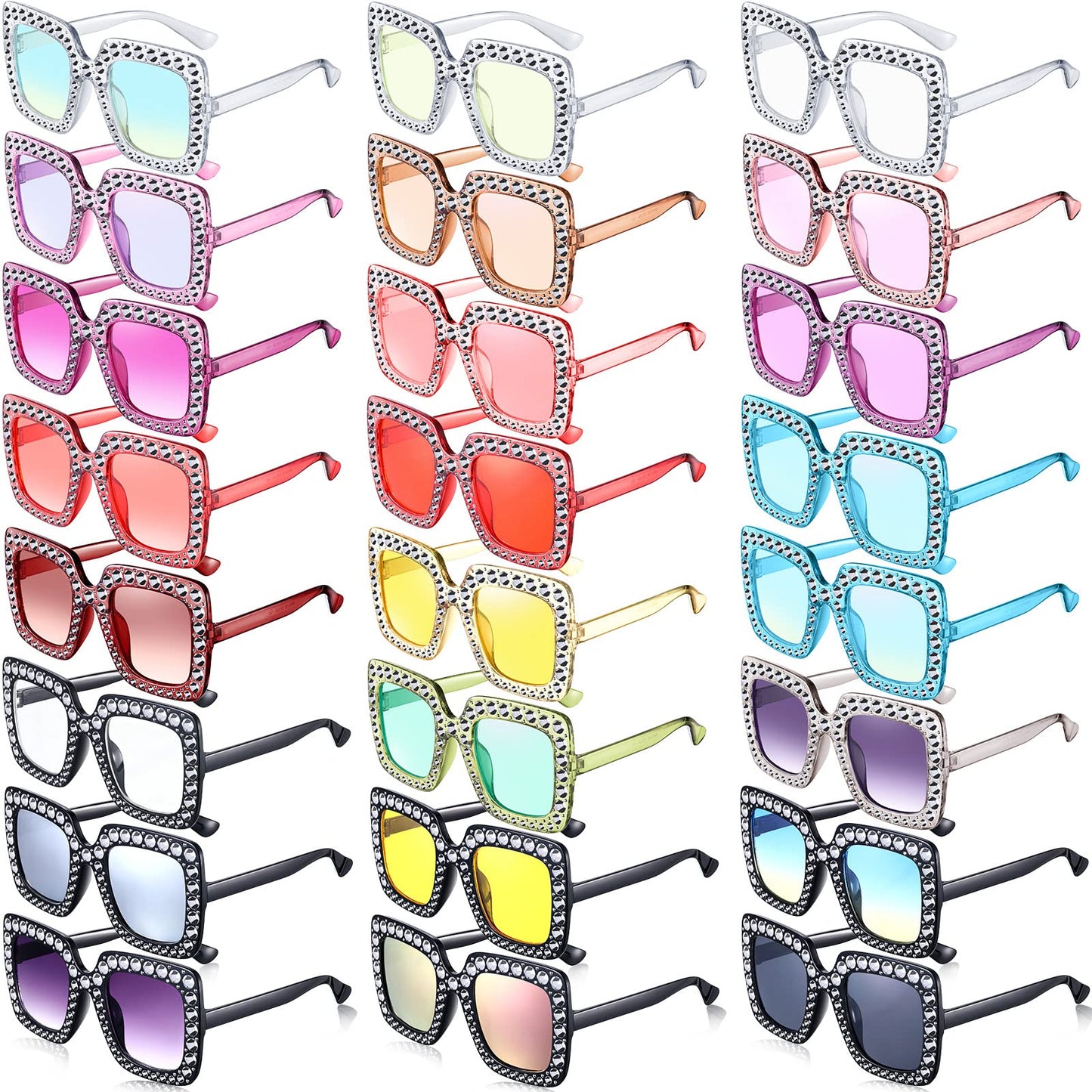 Chuangdi 24 Pcs Women Disco Sunglasses 70s Rhinestone Crystal Sunglasses Bulk Large Square Sparkling Glasses Thick Frame(Mixed Color)