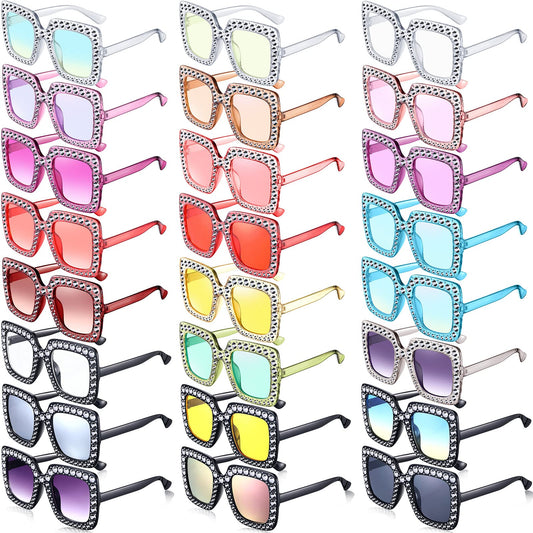 Chuangdi 24 Pcs Women Disco Sunglasses 70s Rhinestone Crystal Sunglasses Bulk Large Square Sparkling Glasses Thick Frame(Mixed Color)