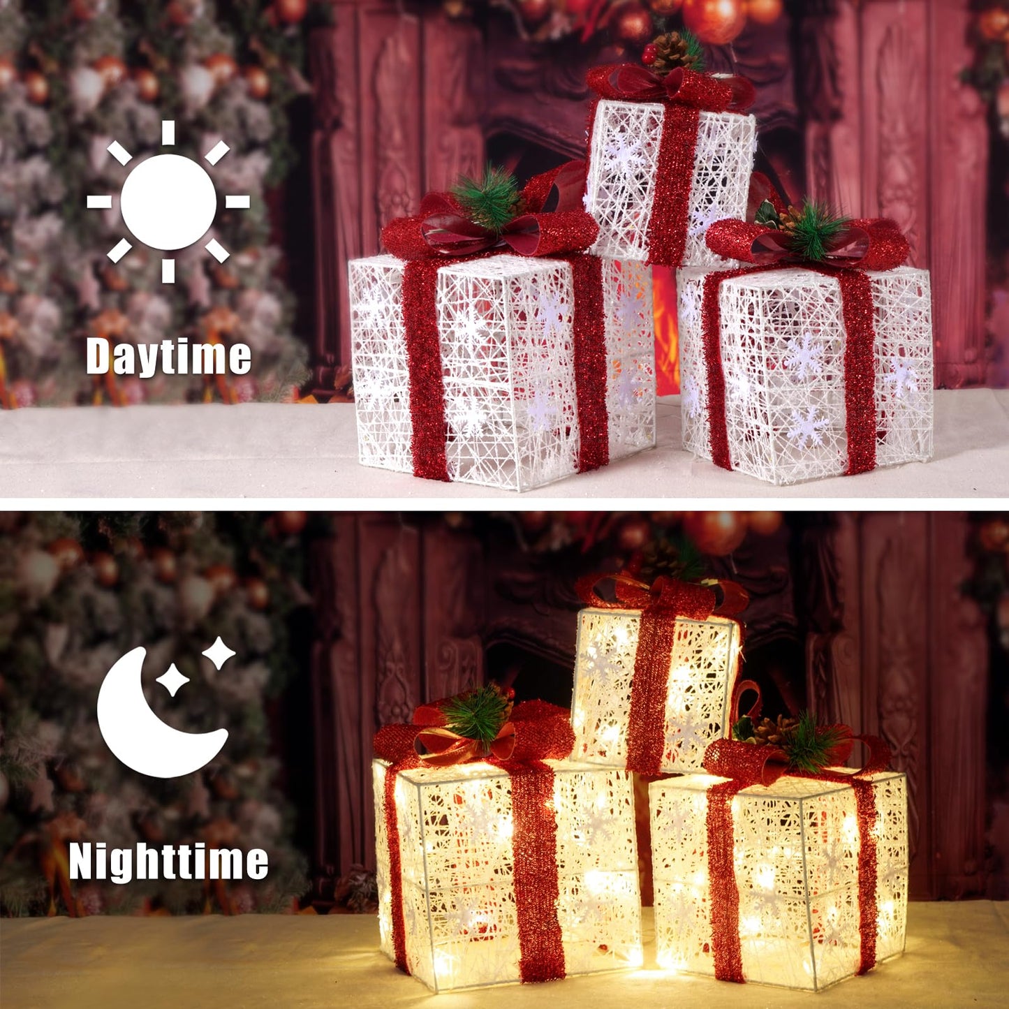 Christmas Decorations, Set of 3 Christmas Lighted Gift Boxes, Battery Operated Xmas Present Boxes, Warm White LED with Bows for Indoor Christmas Tree, Yard, Home Decor