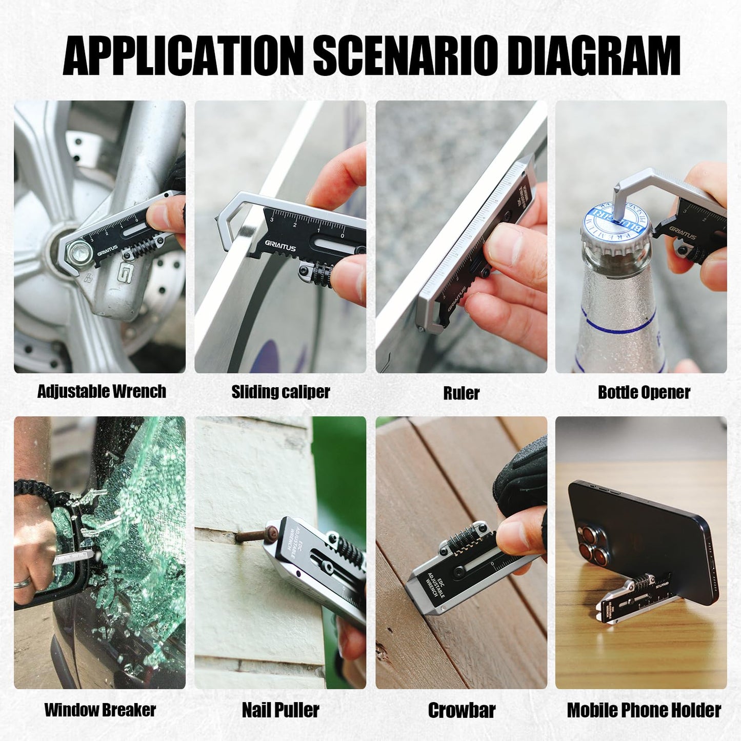 Small Multitool Wrench 9 in 1 Pocket Adjustable Wrench for Screw with Mini Pry Bar Nail Puller Keychain Tool Caliper Measuring Ruler Glass Breaker EDC Gadget Survival Gear for Men Cycling Hiking