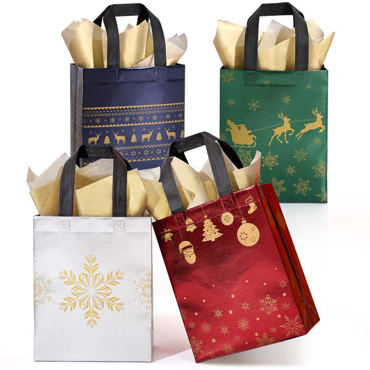 STYPOP 16 Pack 10" Christmas Gift Bags Medium Size with Tissue Paper, Reusable Non-Woven Christmas Tote Bags with Handles, Perfect for Holiday Gift Wrap/Party Favor Supplies, 10.2" × 8.3" × 4"