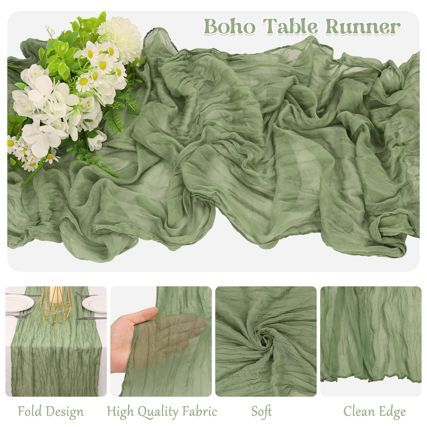 10 Pack Sage Green Cheesecloth Table Runner 10FT Boho Gauze Fabric Table Runner Vintage Rustic Sheer Runners for Wedding Party Bridal Baby Shower Long Table Decorations