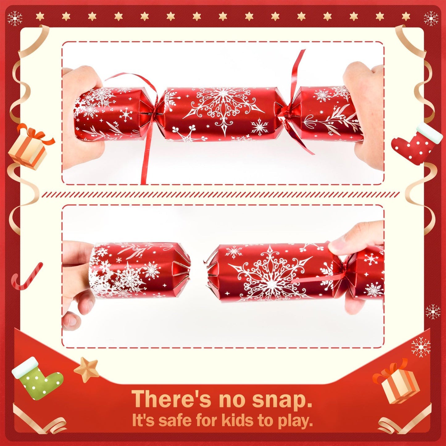 Christmas Crackers, 12 Pack Valentines No Snap Party Favors with Party Hat, Joke & Little Gift Inside for Christmas Thanksgiving Seasonal Holiday Dinner Traditions (Red and Green)