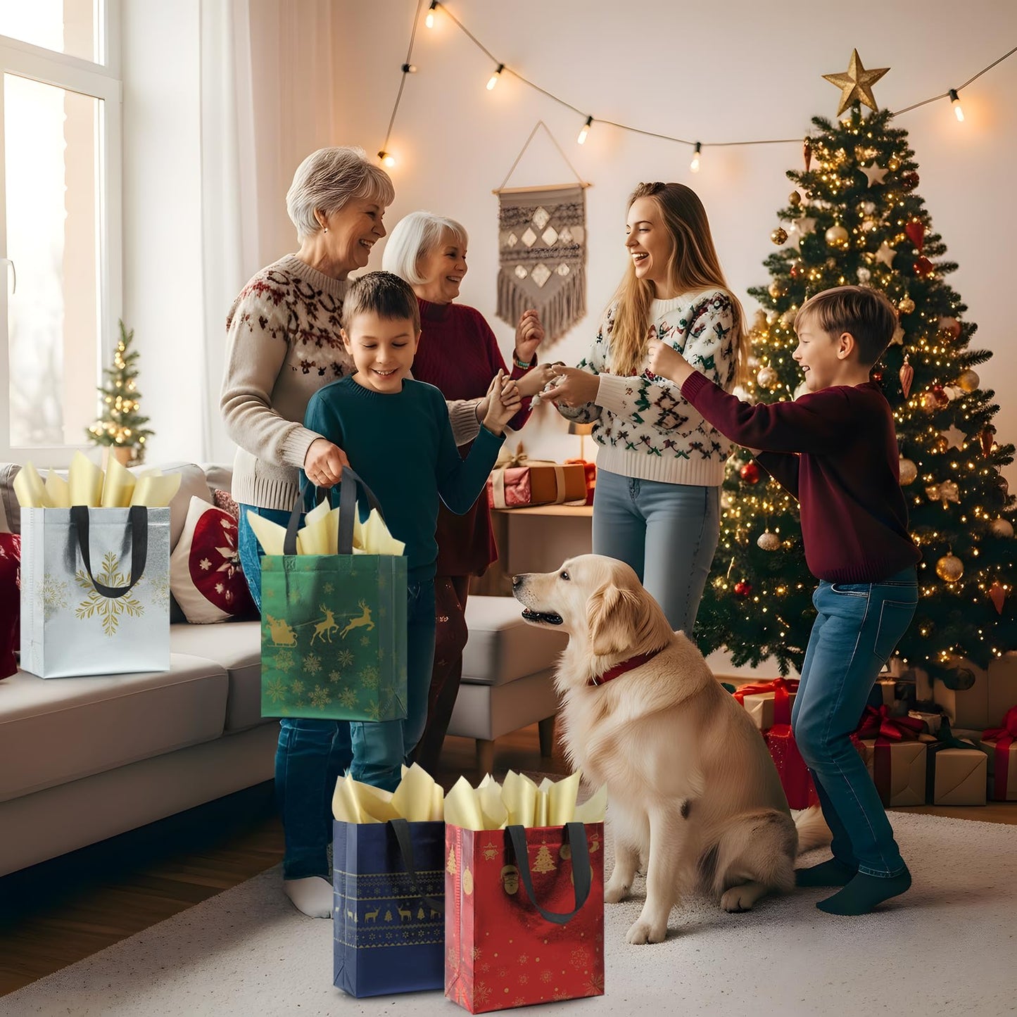 STYPOP 16 Pack 10" Christmas Gift Bags Medium Size with Tissue Paper, Reusable Non-Woven Christmas Tote Bags with Handles, Perfect for Holiday Gift Wrap/Party Favor Supplies, 10.2" ร 8.3" ร 4"