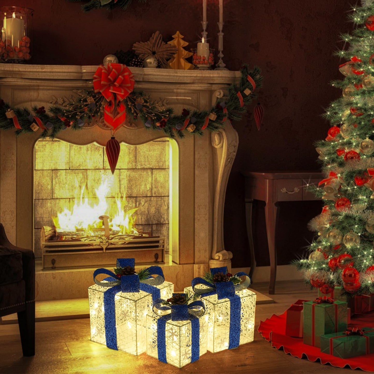 Christmas Decorations, Set of 3 Christmas Lighted Gift Boxes, Battery Operated Xmas Present Boxes, Warm White LED with Bows for Indoor Christmas Tree, Yard, Home Decor (Blue Bow)