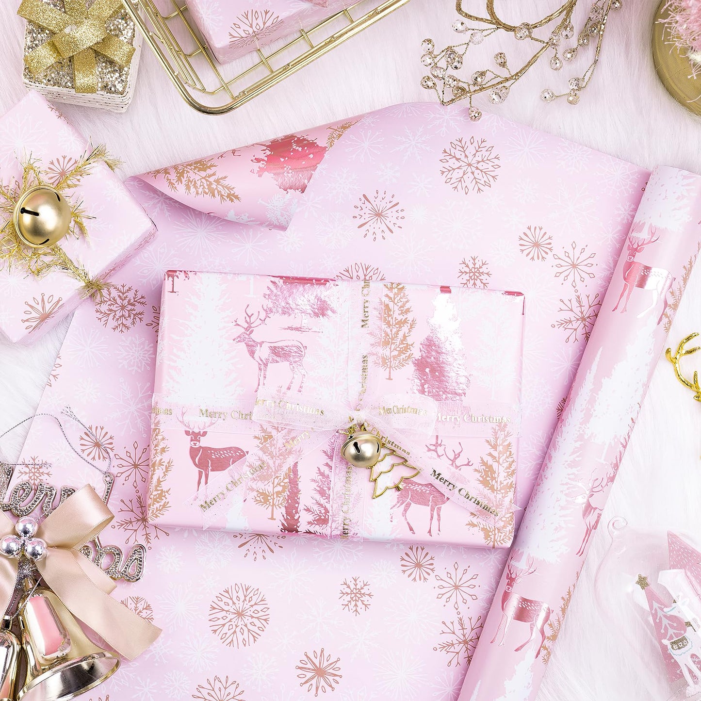 RUSPEPA 30" X 32.8' Reversible Christmas Wrapping Paper Large Paper Roll, Jumbo Roll, Rose Gold Foil Pink Reindeer and Tree Design, Snowflakes Gift Wrap for Girls, Women, Friends, Xmas Holiday Gifts