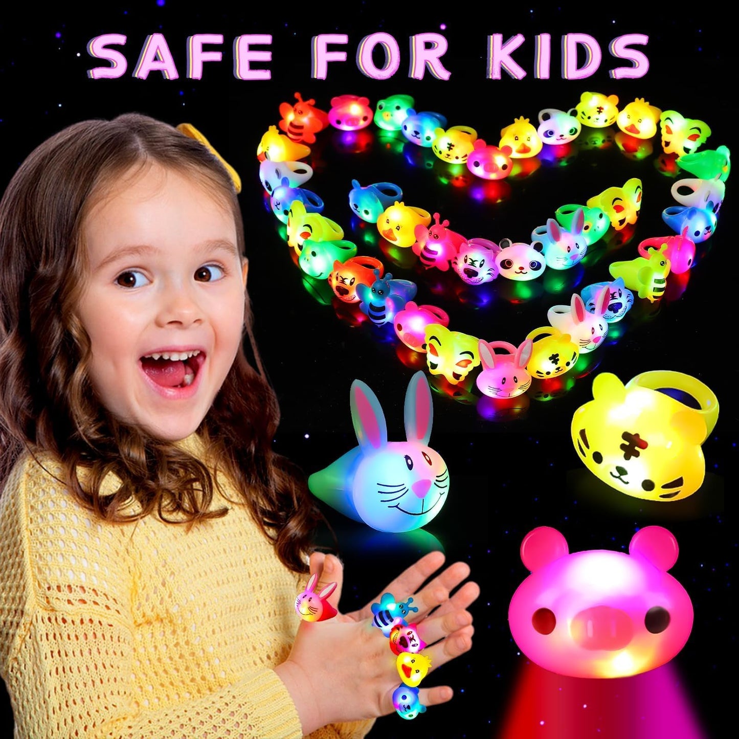 SCIONE 40 Pack Light up Rings Birthday Party Favors for Kids, Goodie Bag Stuffers Glow in the Dark Halloween Party Supplies, Classroom Prizes Cute Animal Treasure Box for Kids