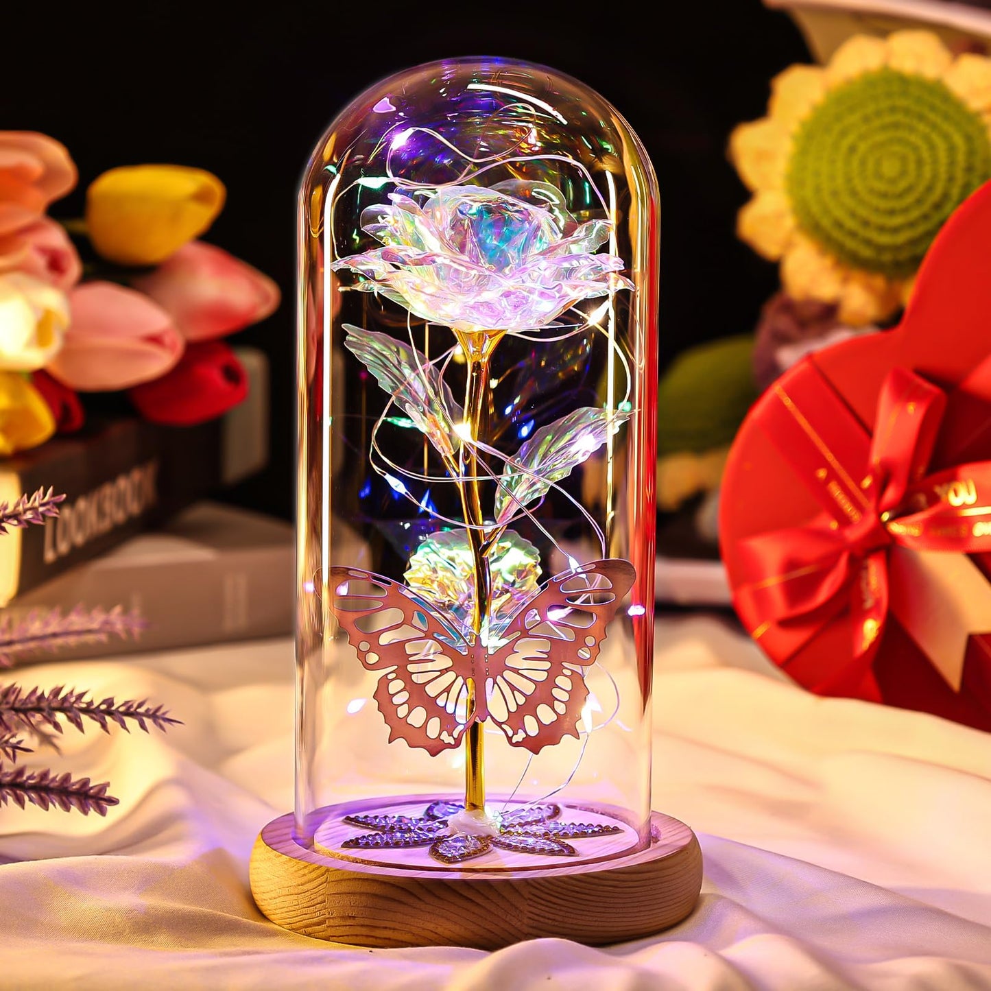 Birthday Gifts for Women Mom Galaxy Glass Rose Forever Preserved Flowers for Delivery Prime Artificial Eternal Rose in Glass Dome Mothers Day Moms Gift for Grandma Wife Daughter, Rainbow