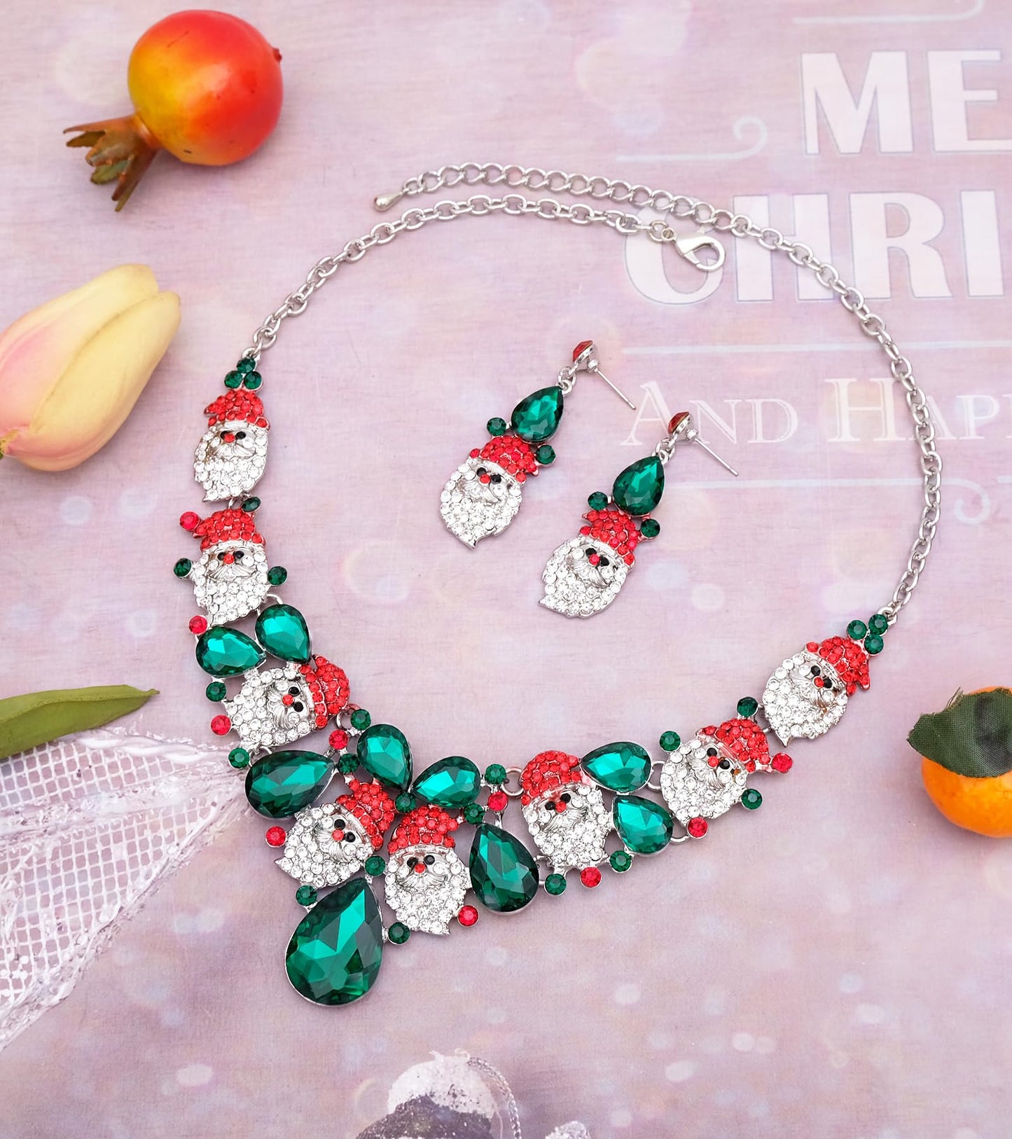 chaoyite Christmas Statement Necklace Dangle Earrings Santa Clause Crystal Jewelry Set Xmas Gifts Festive Costume Accessories for Women (Style1-Platinum Plated)