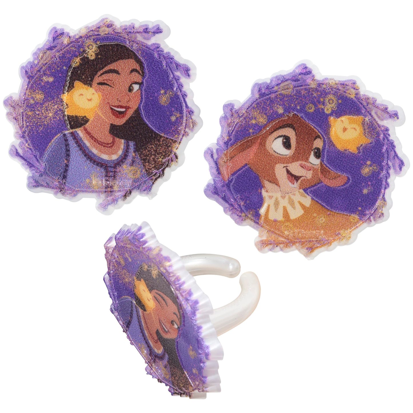DecoPac Disney's Wish Better Together Rings, Cupcake Decorations Featuring Asha & Valentino, Food Safe Cake Toppers For Birthday & Celebration – 72 Pack