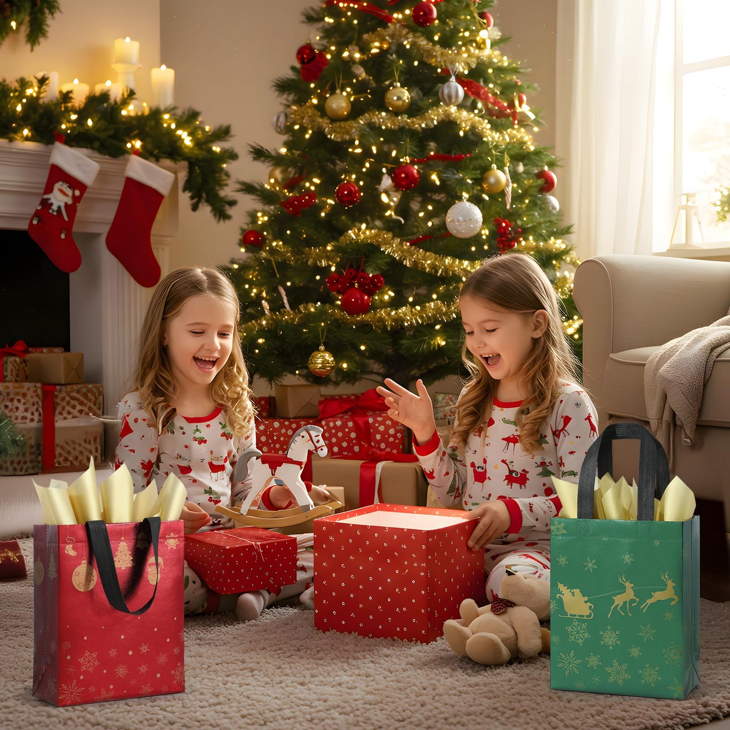 STYPOP 16 Pack 10" Christmas Gift Bags Medium Size with Tissue Paper, Reusable Non-Woven Christmas Tote Bags with Handles, Perfect for Holiday Gift Wrap/Party Favor Supplies, 10.2" ร 8.3" ร 4"