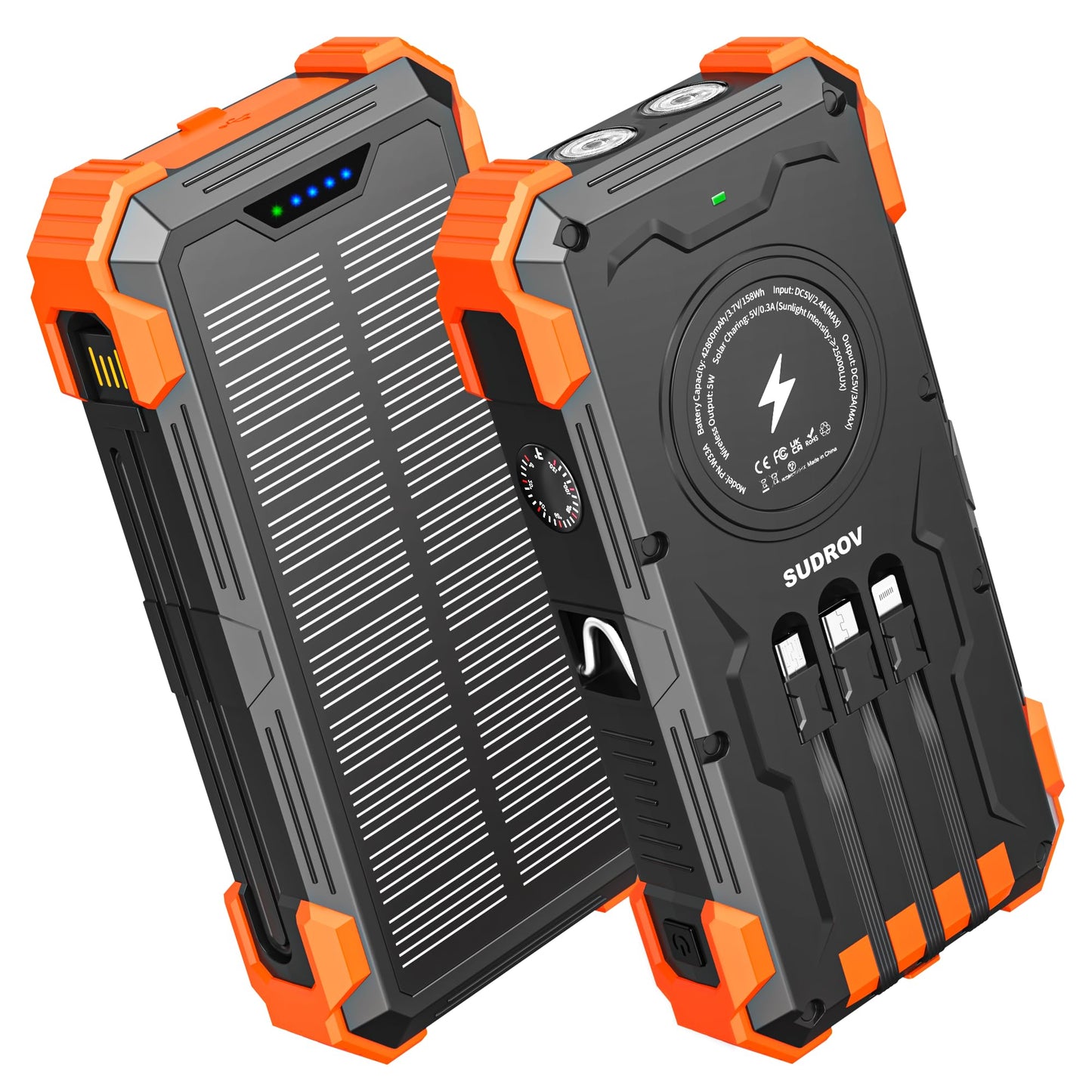 Sudrov Solar Charger Power Bank, 42800mAh Wireless Portable Charger with USB-C in/Output, QC3.0 Fast Charging 15W 4 Ports Outdoor Battery Pack Built-in Dual Led Flashlights for iPhone Samsung etc