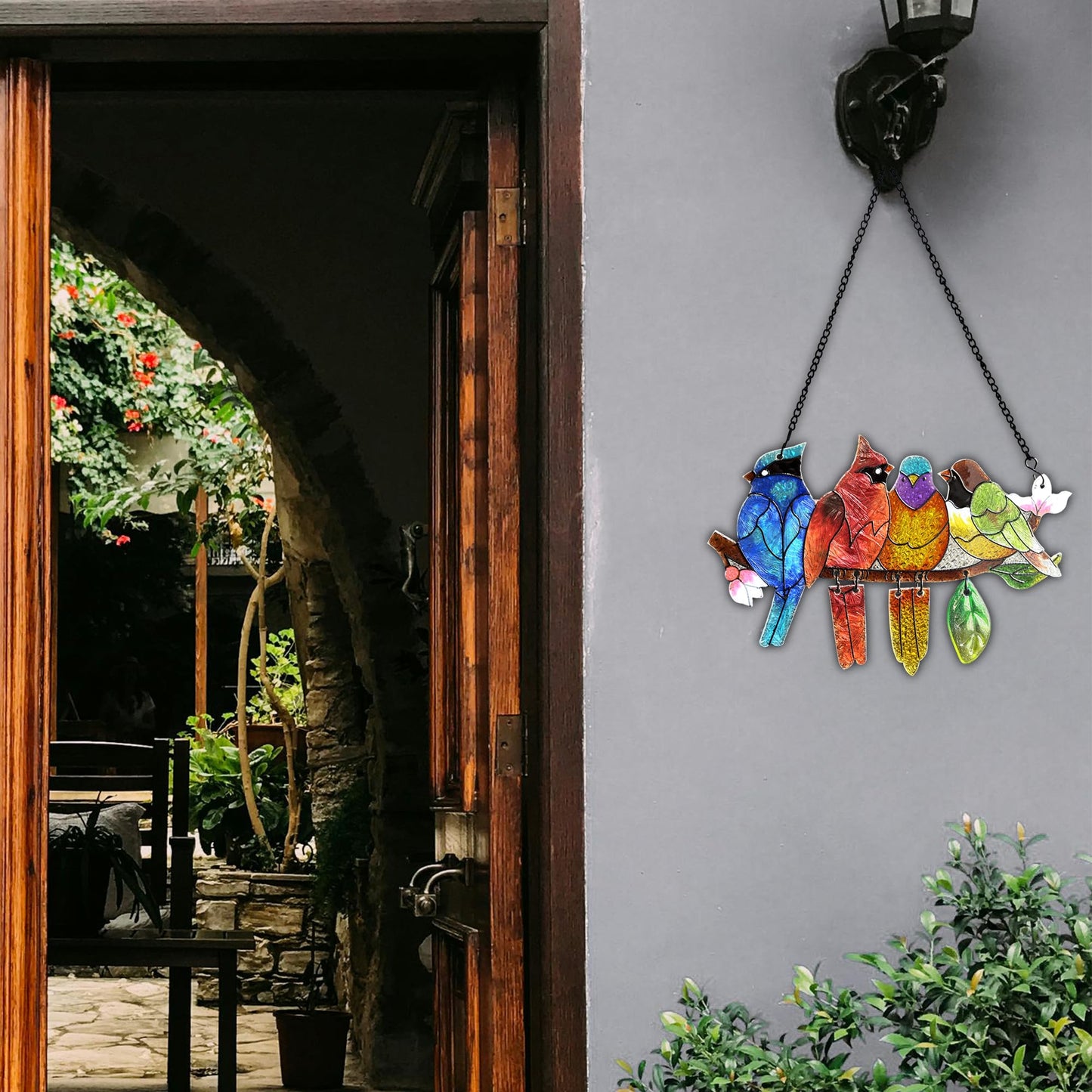 DASTOLL Stained Glass Window Hanging - Hummingbird on Branch Suncatcher Hand-Painted Double Side Stain Glass Cardinal Gifts Sun Catcher for Windows Doors Room Outdoor Home Decoration