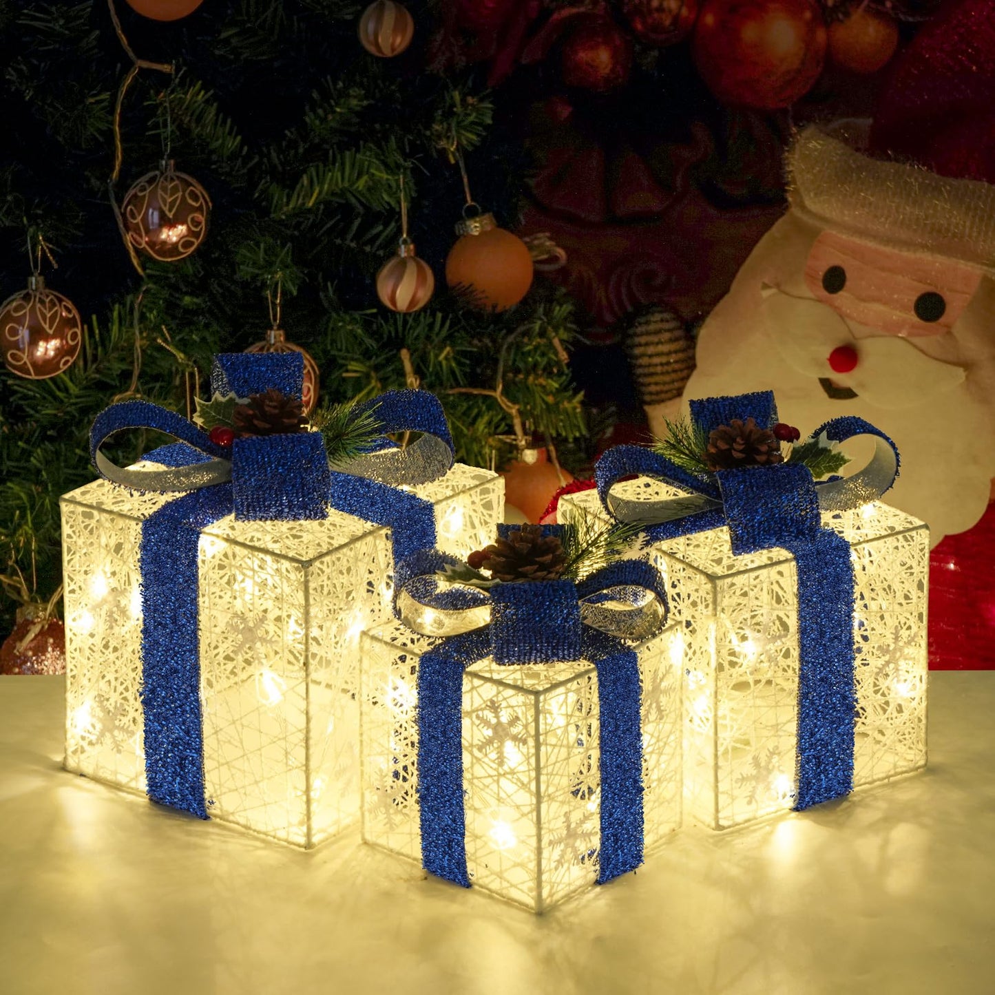Christmas Decorations, Set of 3 Christmas Lighted Gift Boxes, Battery Operated Xmas Present Boxes, Warm White LED with Bows for Indoor Christmas Tree, Yard, Home Decor (Blue Bow)