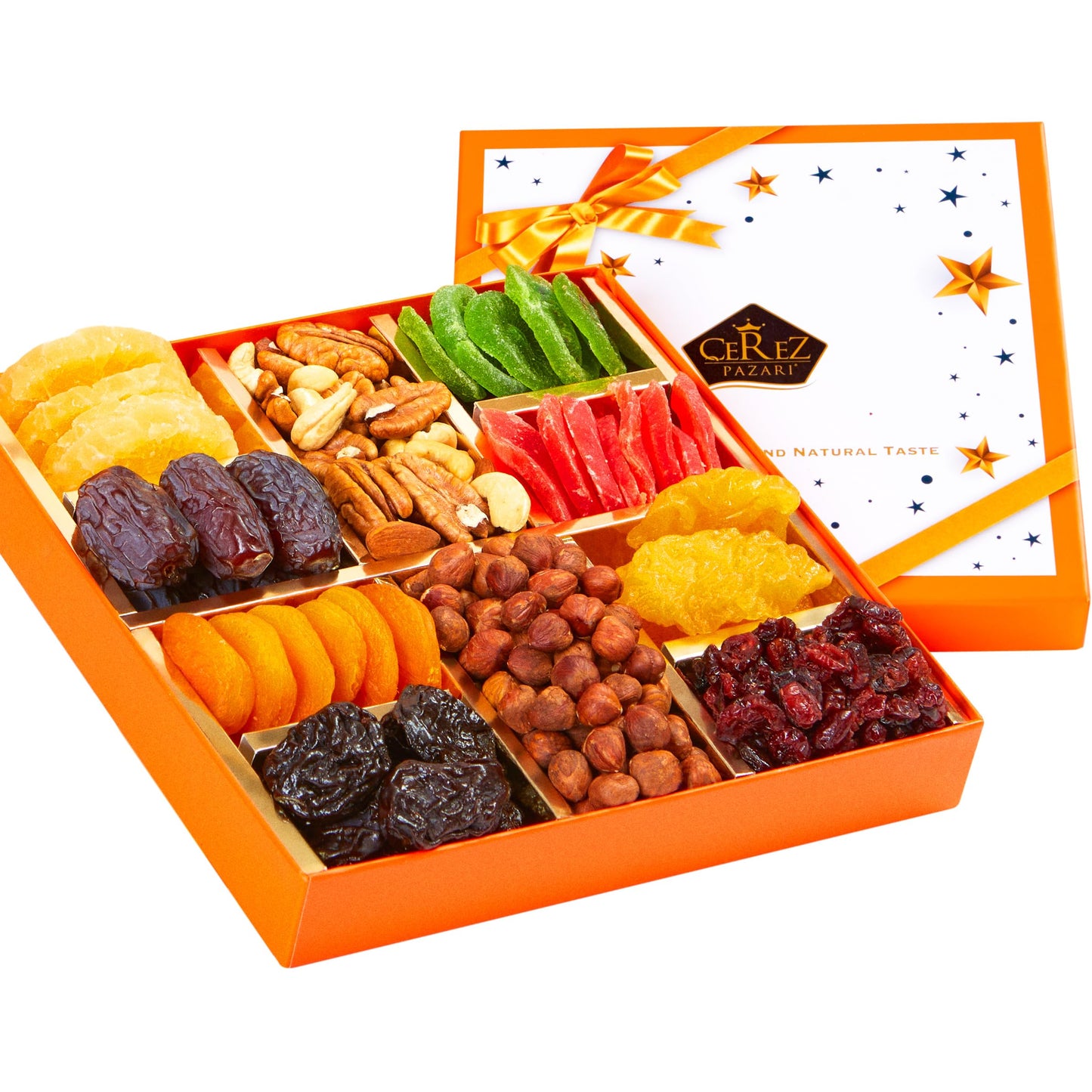 Cerez Pazari Dried Fruit and Nuts Gift Basket, Gourmet Holiday Gift Box Variety Of 10, Healthy Party Snack, Elegant Orange Box, 1.43 lbs