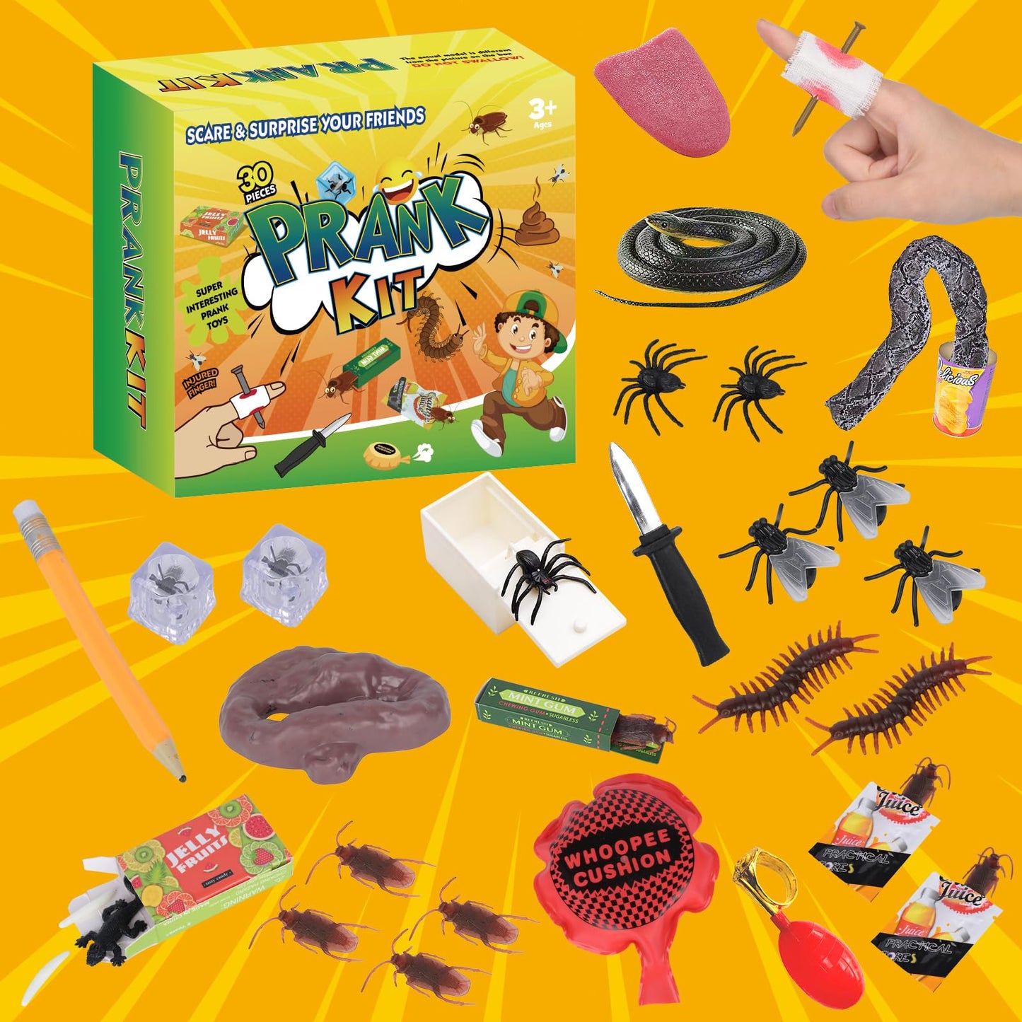Think Wing Prank Kit Funny Gag Gifts, Joke Box Ultimate Gift Set, Practical Jokes Perfect Party Favors 30 PCS Pranks for Kids Adults, April Fools Jokes Toys