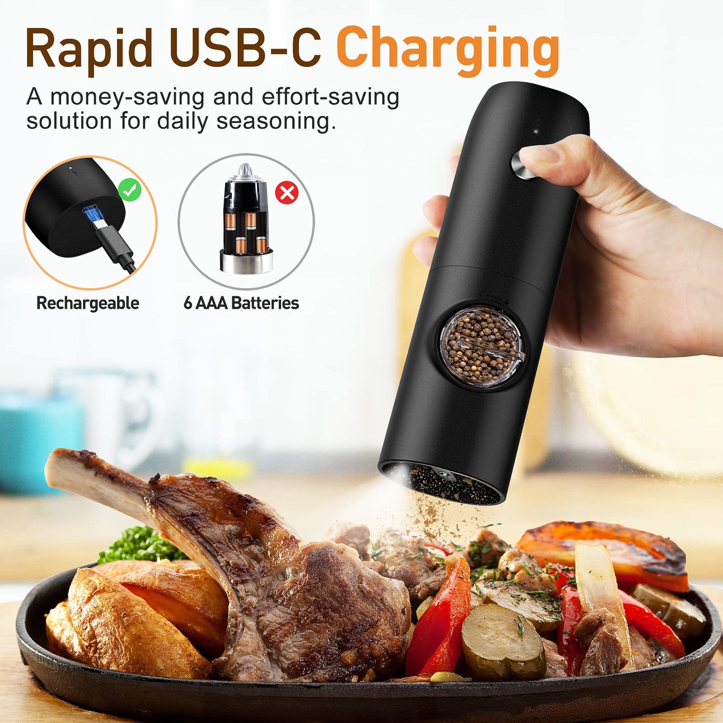 Electric Salt and Pepper Grinder Set, Rechargeable Automatic Pepper Mill Grinder with LED Light, Adjustable Coarseness shakers, One-Hand Operation for Kitchen(2 Pack,Black+White)