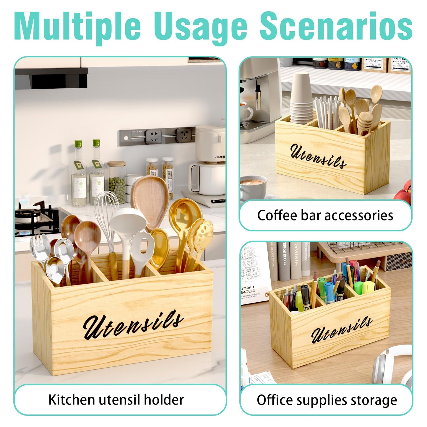 REFGY Wooden Kitchen Utensil Holder, Flatware Utensil Caddy with 3 Compartments, Utensil Caddy for Parties, Storage Organizer Box for Kitchen Counter & Silverware, Natural