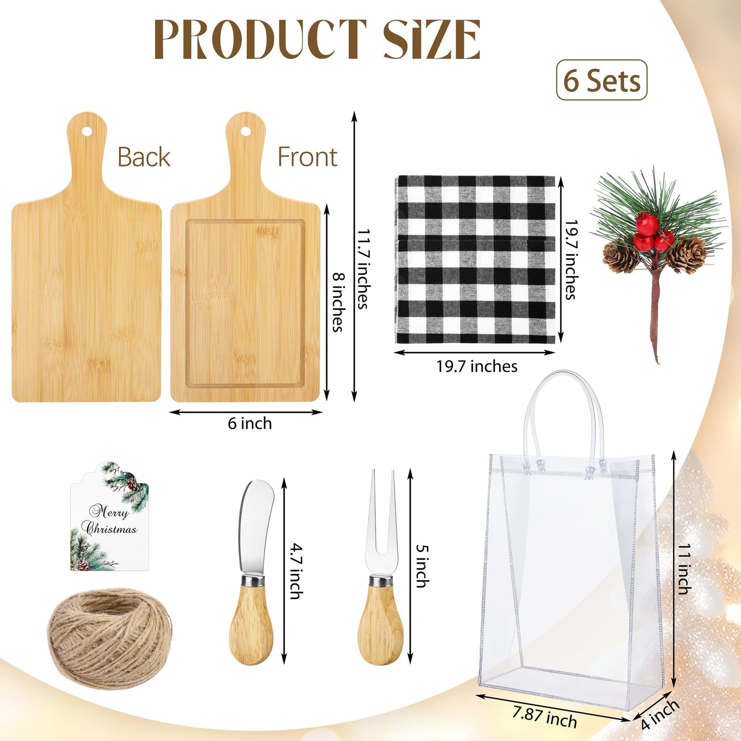 Kochorie 6 Sets Christmas Gifts Square Cheese Board Baby Bridal Shower Prizes for Game Winners Mini Cutting Board Tray with Cheese Knives Forks Kitchen Towels Christmas Party Supplies for Guests