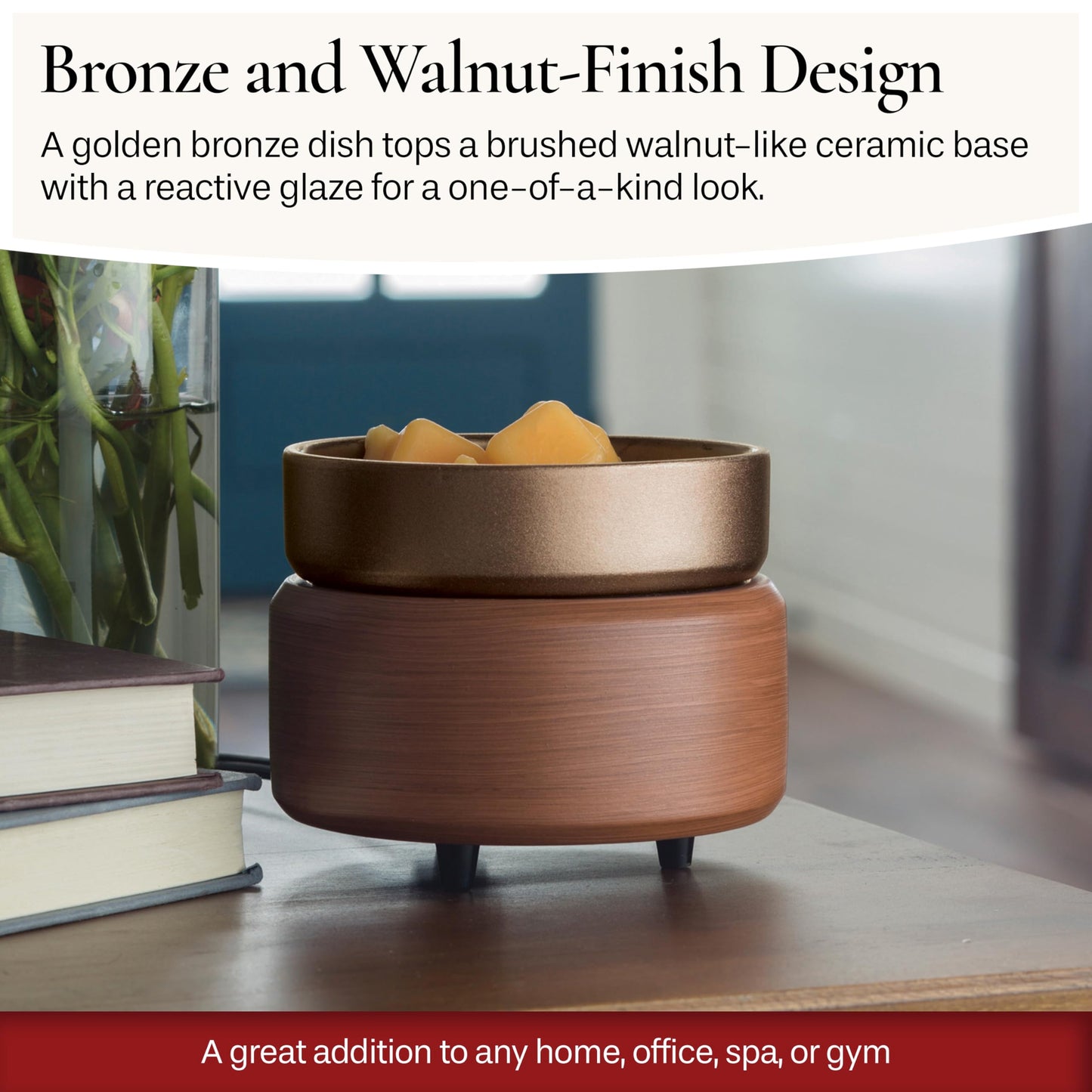 Candle Warmers ETC 2-in-1 Candle and Fragrance Warmer for Warming Scented Candles or Wax Melts and Tarts with to Freshen Room, Pewter Walnut