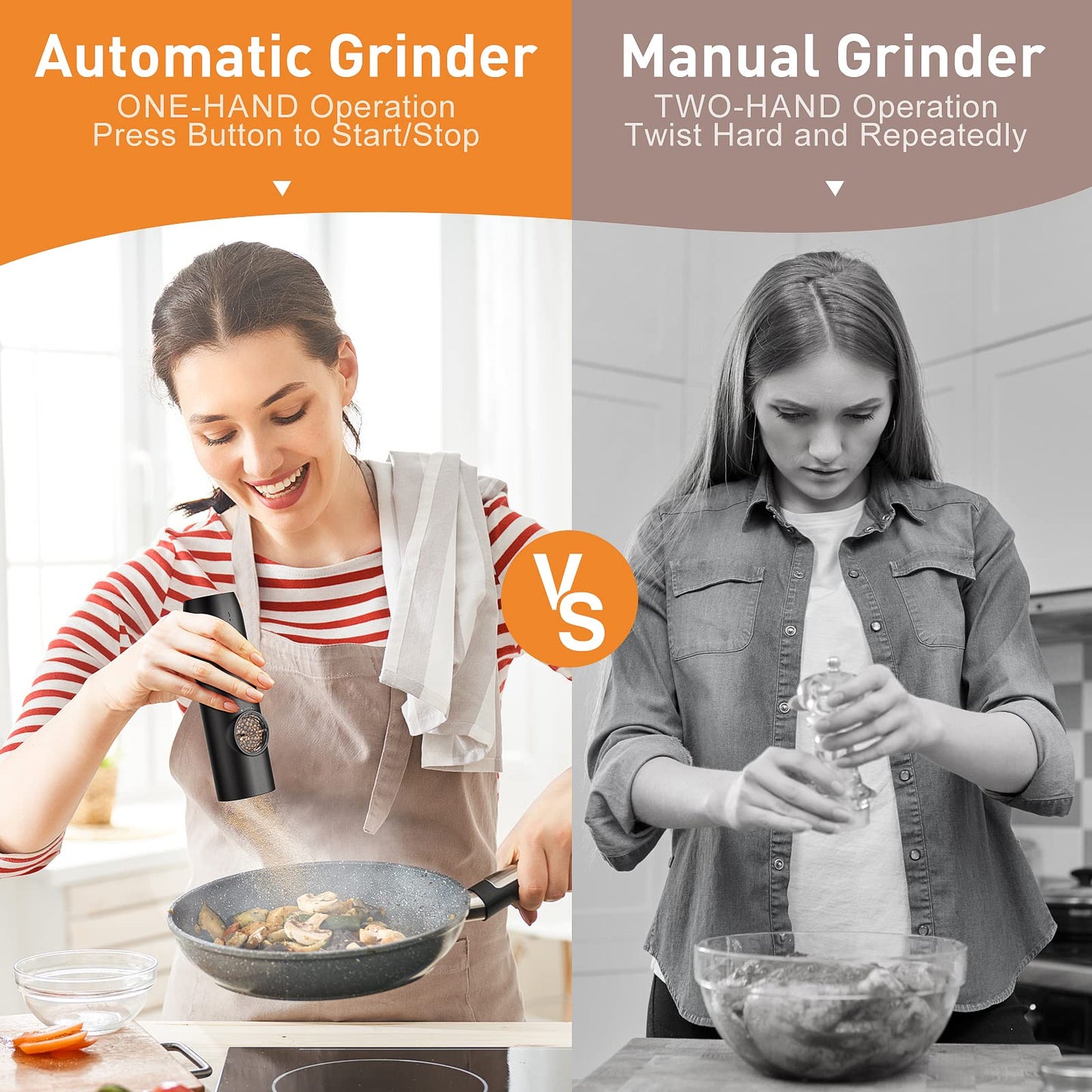 Electric Salt and Pepper Grinder Set, Rechargeable Automatic Pepper Mill Grinder with LED Light, Adjustable Coarseness shakers, One-Hand Operation for Kitchen(2 Pack,Black+White)