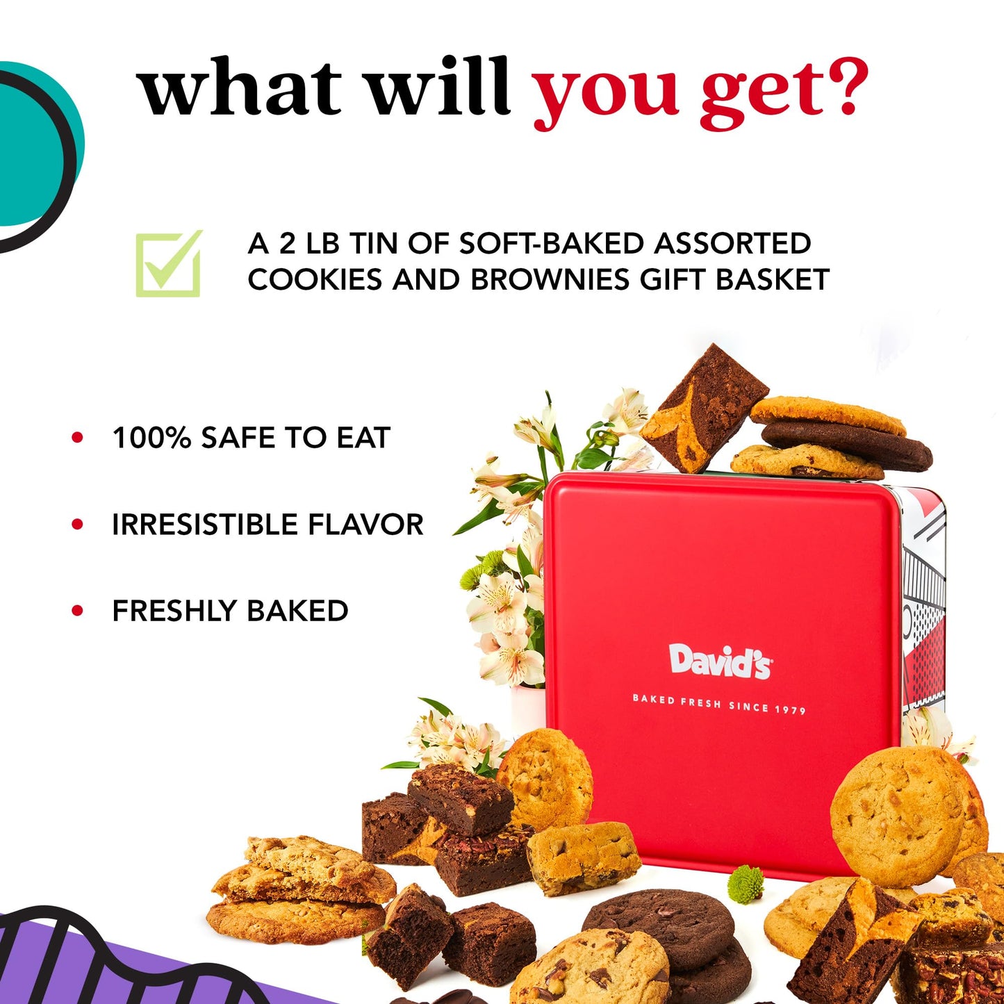 David’s Cookies Gourmet Assorted Cookies and Brownies Gift Basket - 12 x 1.5oz fresh baked cookies and 10 x 2oz individually wrapped brownies - Great for Sharing, Ideal Gift for All Special Occasions