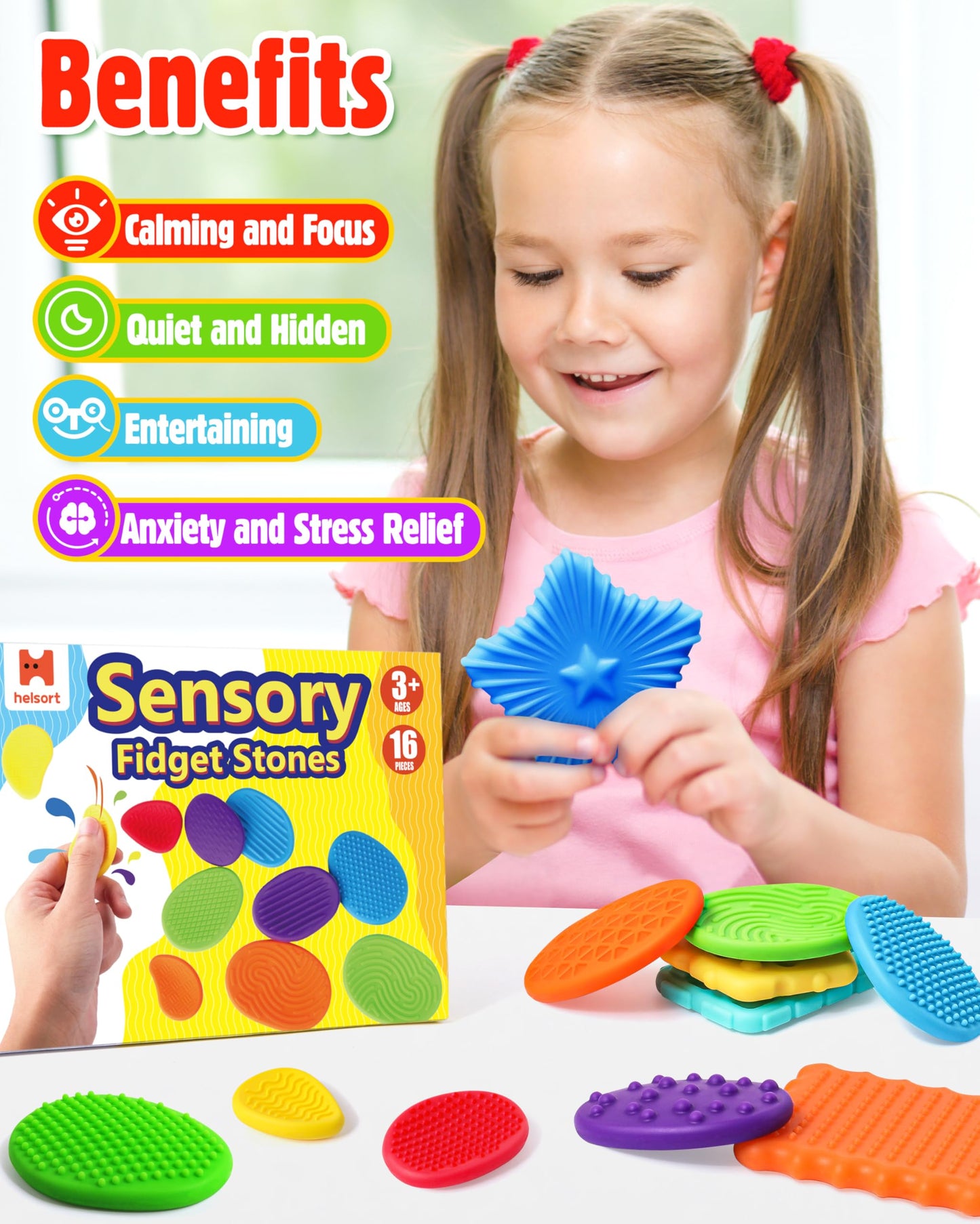 Sensory Fidget Toys for Kids Adults: 16 Pack Textured Silicone Worry Stones for Anxiety Relief, Sensory Stress Toy for Autism Kids Calming, Quiet Small Fidgets for Classroom Prizes
