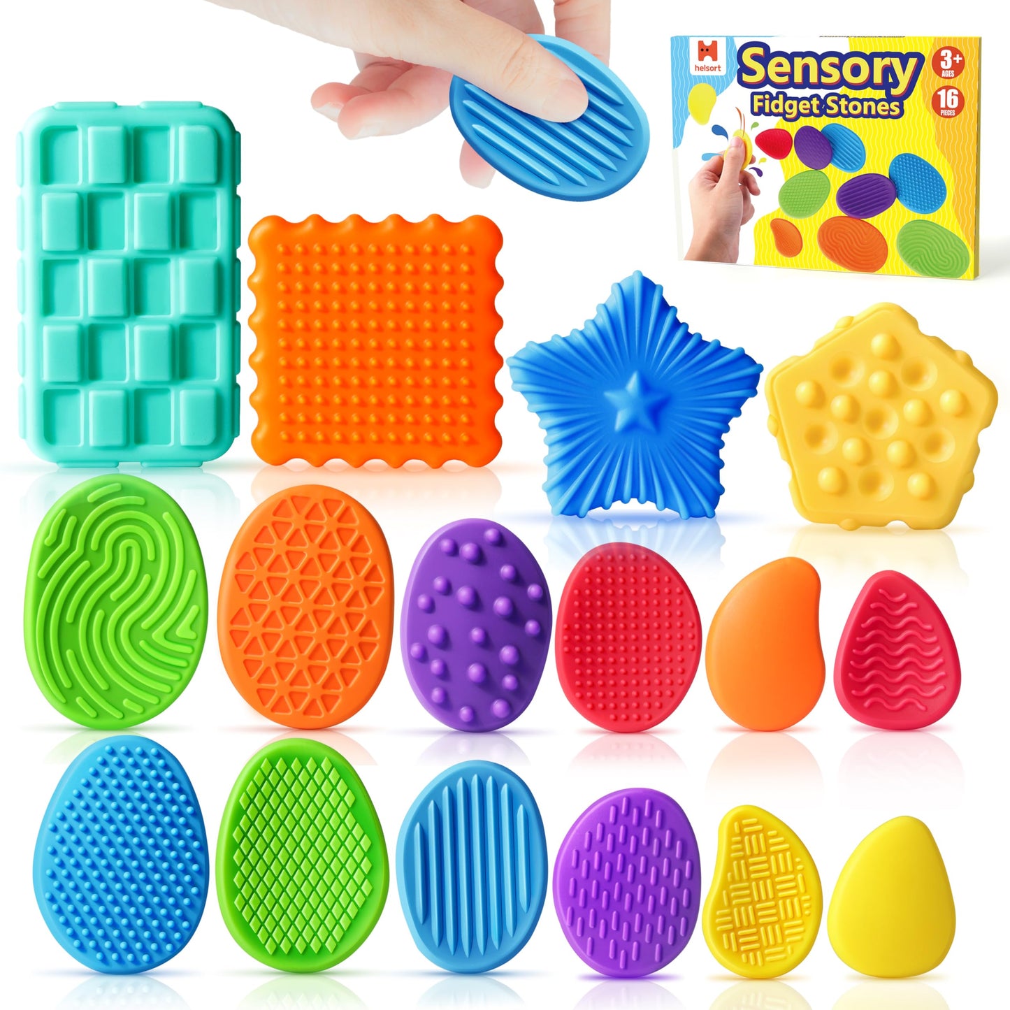 Sensory Fidget Toys for Kids Adults: 16 Pack Textured Silicone Worry Stones for Anxiety Relief, Sensory Stress Toy for Autism Kids Calming, Quiet Small Fidgets for Classroom Prizes