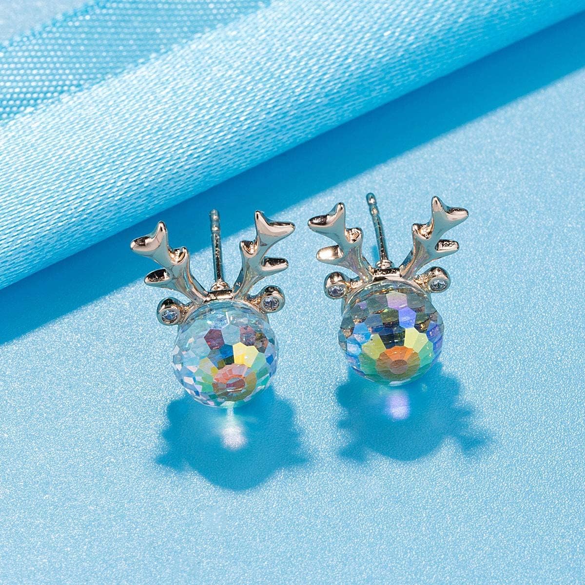 Christmas Earrings for Women Reindeer Earrings Austrian Crystal Stud Earrings Hypoallergenic Christmas Jewelry Holiday Jewelry Gift (Aurora Borealis)