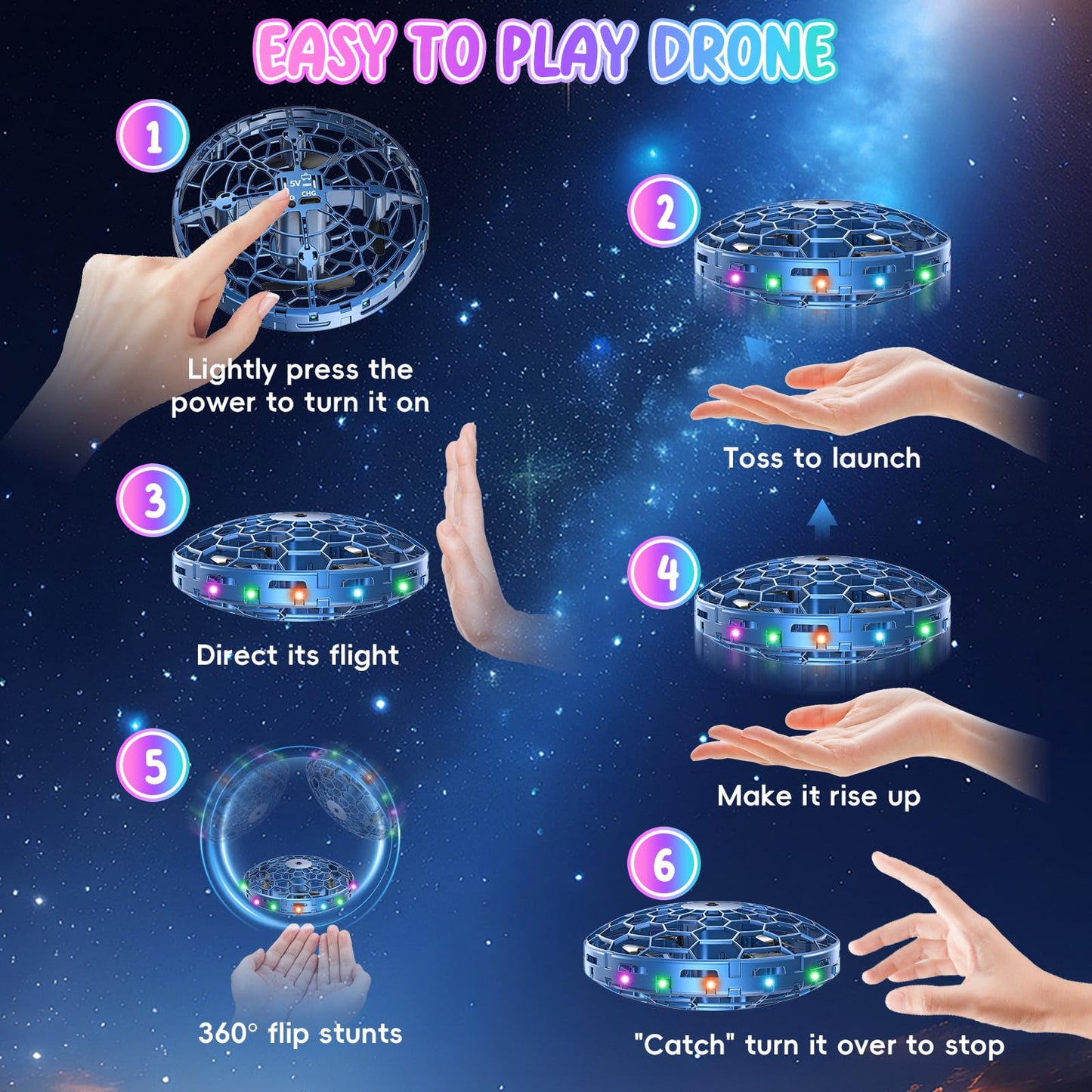 PYMSRTY Flying Toy Drone for Kids,360° Hands Free Motion Sensors Mini Drone with Cool LED Lights,Easy Indoor Small UFO Toy Flying Ball Drone for Kids -Blue