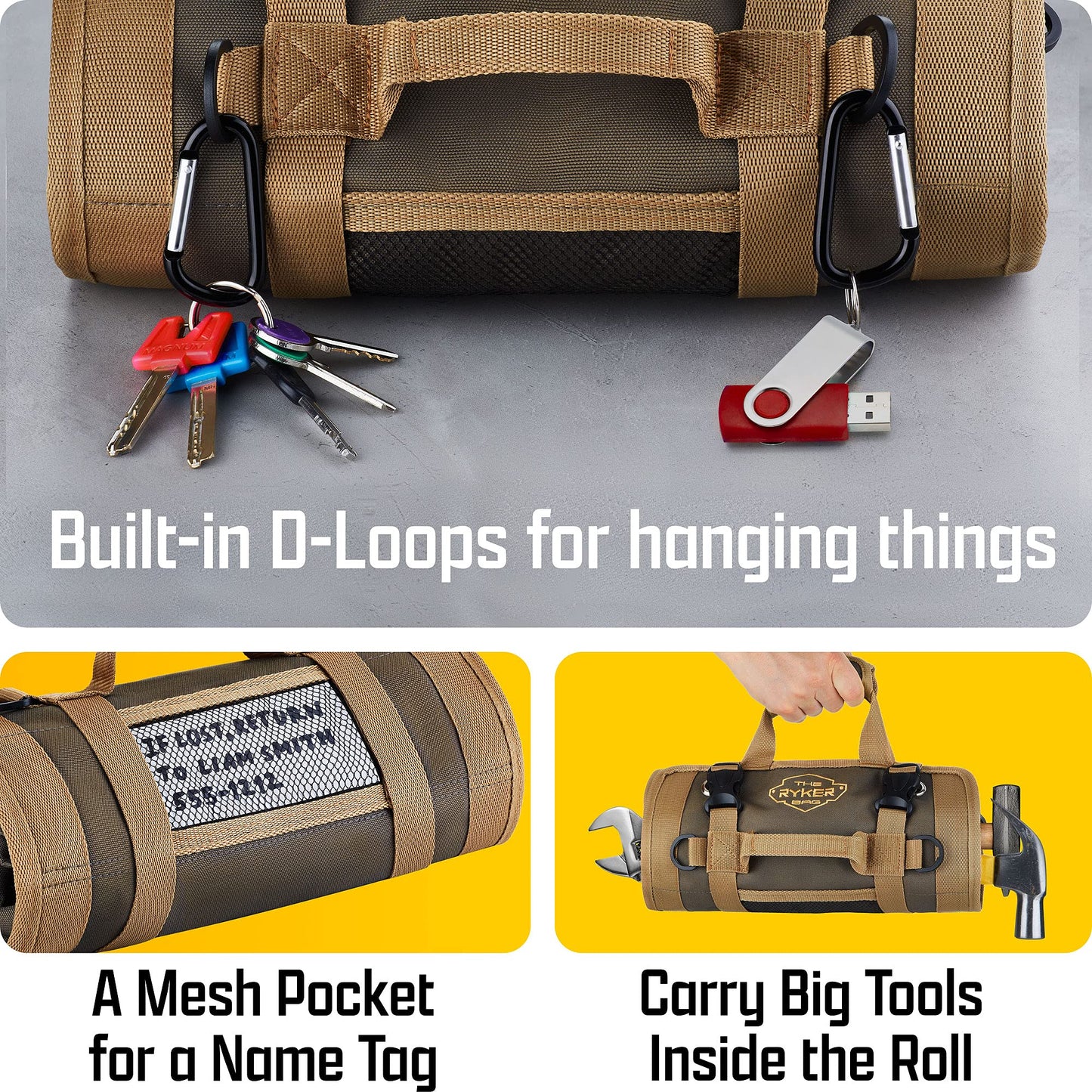 The Ryker Roll Up Tool Bag Organizer Gifts for Dad. Heavy Duty Motorcycle Tool Roll Bag Organizer. Portable Rollup Toolbag w/Detachable Pouches - Tools Bags Mens gifts for him - Mechanic & Electrician