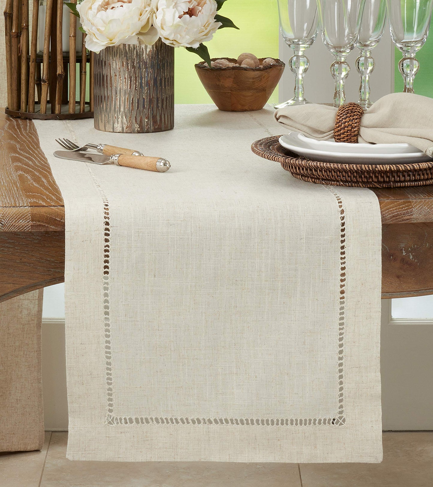 Saro Lifestyle Poly and Linen Blend Hemstitched Table Runner with Hemstitch Border, 16"x72", Natural