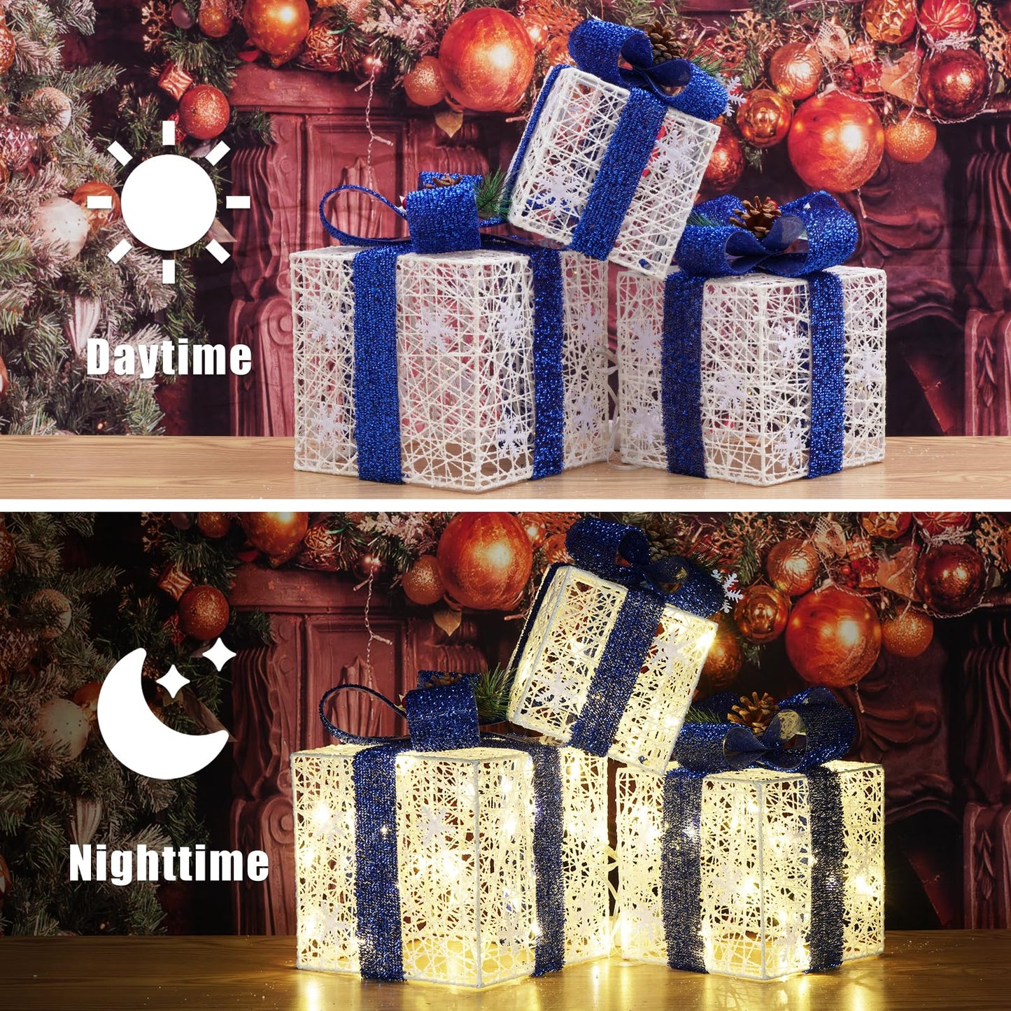 Christmas Decorations, Set of 3 Christmas Lighted Gift Boxes, Battery Operated Xmas Present Boxes, Warm White LED with Bows for Indoor Christmas Tree, Yard, Home Decor (Blue Bow)