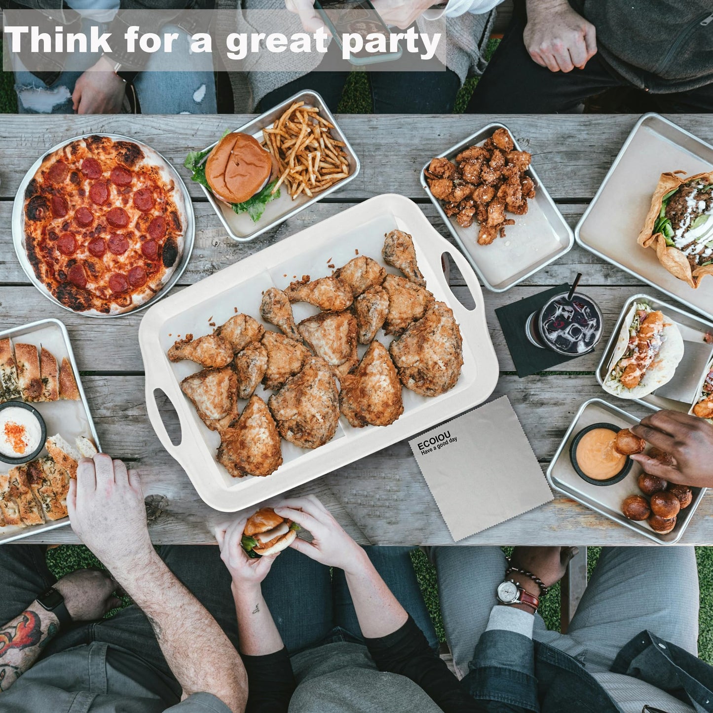 ECOIOU Extra Large Serving Tray with Handles, 20x13 inch, Set of 2 Melamine Platters for Serving Food, Turkey, Cookie, Rectangular Trays for Eating, Raised Dots Matt Finished, Dishwasher Safe, White