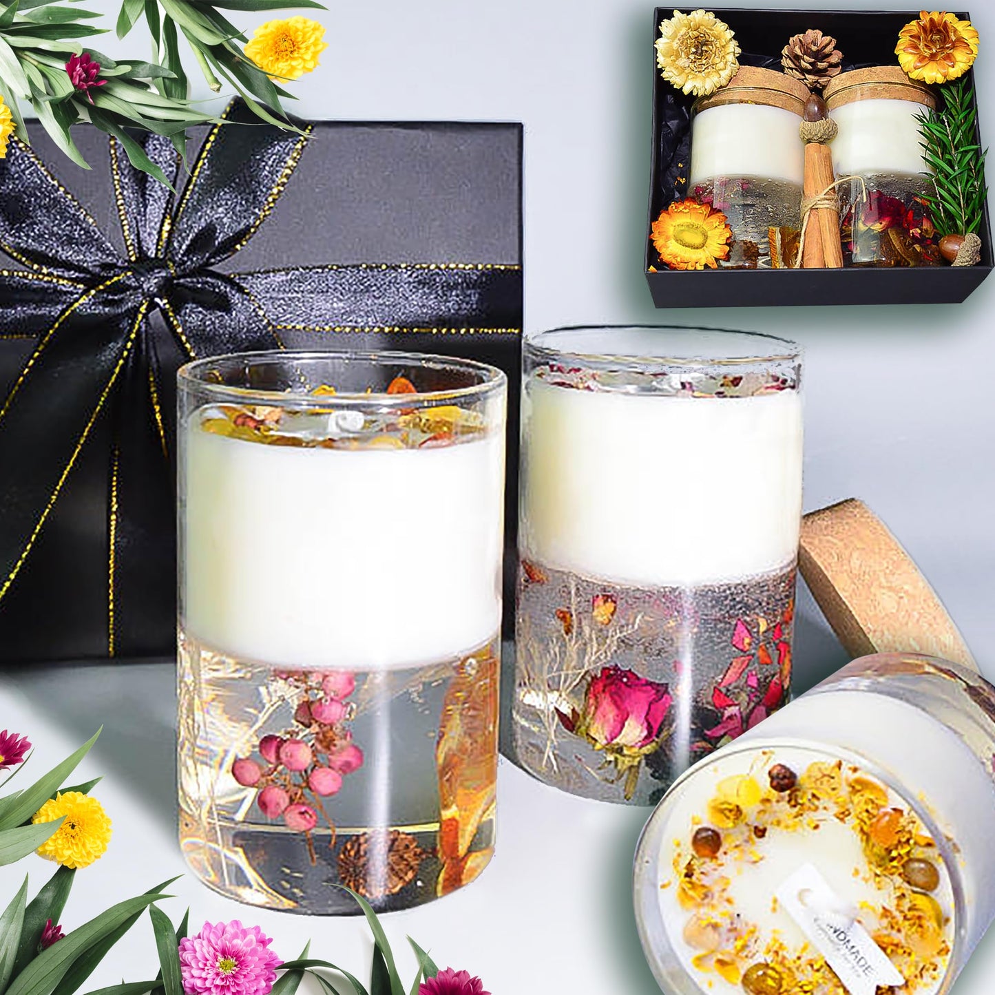 Crystal Candle Gift Set, Organic Natural Flowers in Yelly, Aromatherapy, Healing Gemstones, Botanical Scented Fragrance, Manifestation, Intention, Gel Candle, Christmas, Motherās Day, Gift for Woman