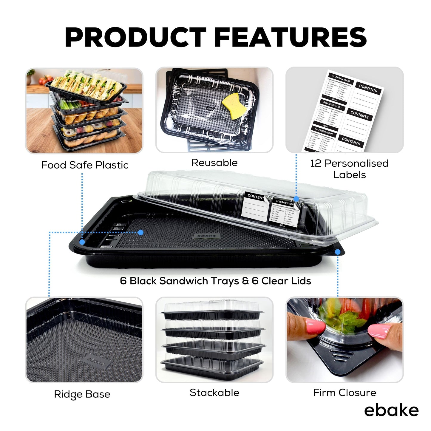 6 Pack Catering Trays with Lids β 13" Serving Tray with Lid, Heavy Duty Recyclable Plastic Party Platters for Catering, Buffet, Picnics & Events β Food Trays with Clear Lid (13.39 Γ 9.84 Γ 2.95 inch)
