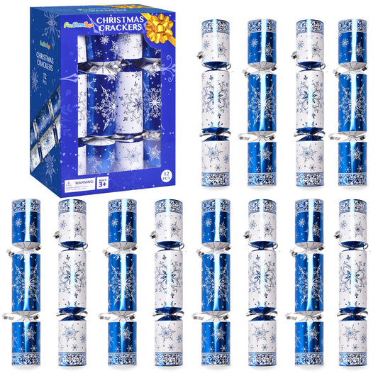 Christmas Crackers, 12 Pack Valentines No Snap Party Favors with Party Hat, Joke & Little Gift Inside for Christmas Thanksgiving Seasonal Holiday Dinner Traditions (Blue and White)