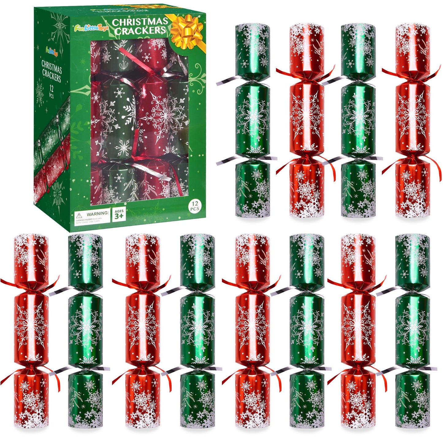 Christmas Crackers, 12 Pack Valentines No Snap Party Favors with Party Hat, Joke & Little Gift Inside for Christmas Thanksgiving Seasonal Holiday Dinner Traditions (Red and Green)