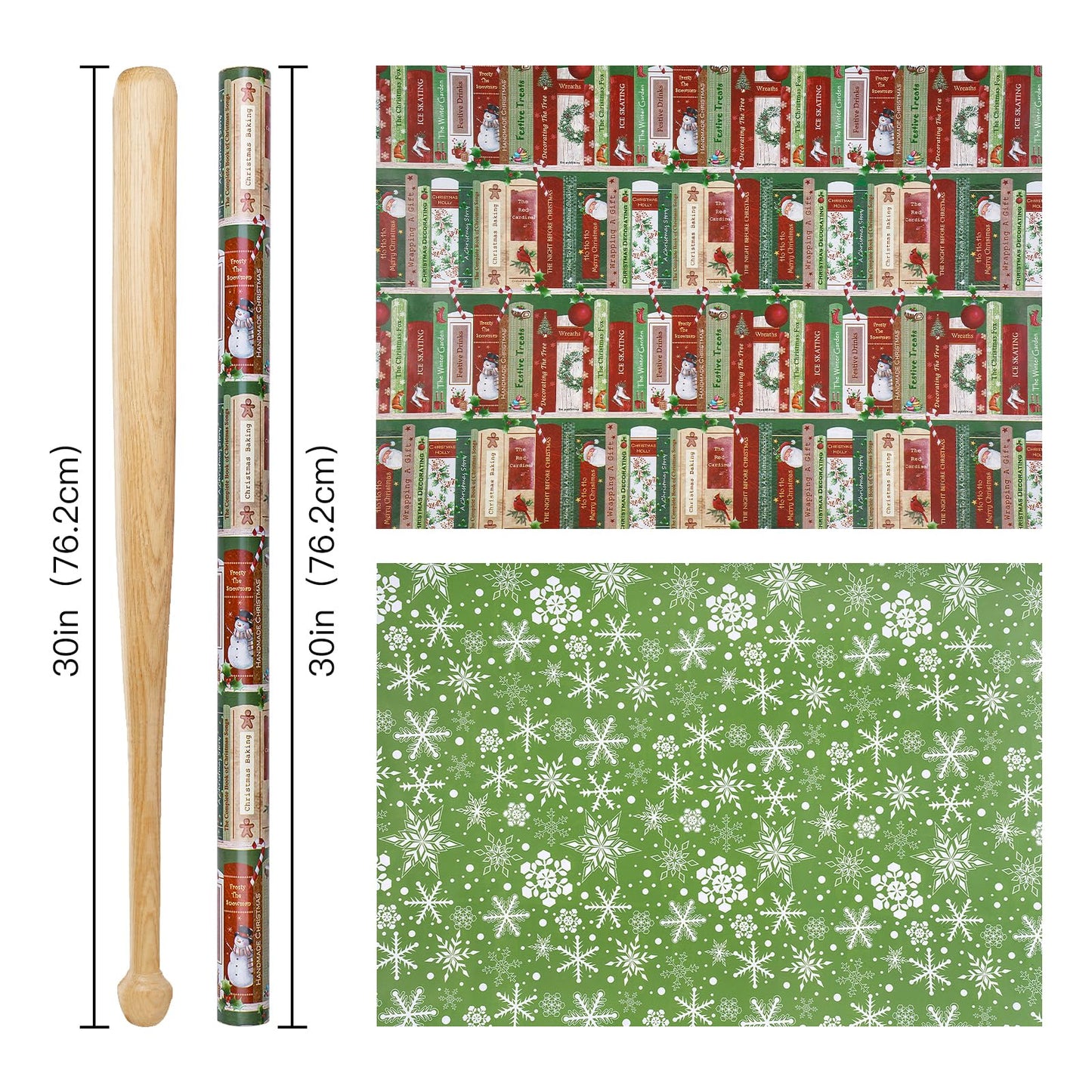 RUSPEPA 30" X 32.8' Reversible Christmas Wrapping Paper Large Paper Roll, Jumbo Roll, Vintage Christmas Bookshelf Design, Green White Snowflake Gift Wrap for Friends, Family, Xmas Holiday Gifts