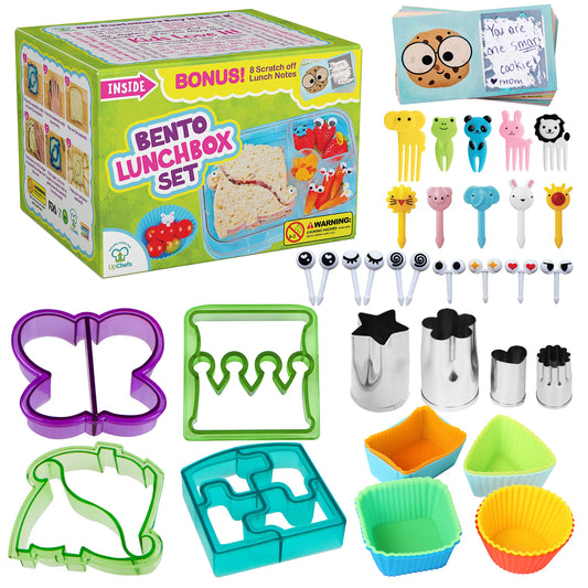 Complete Bento Lunch Box Supplies and Accessories For Kids - Sandwich Cutter and Bread Crust Remover - Mini Vegetable Fruit cookie cutters - Silicone Cup Dividers - Food Picks and FREE Lunch Notes