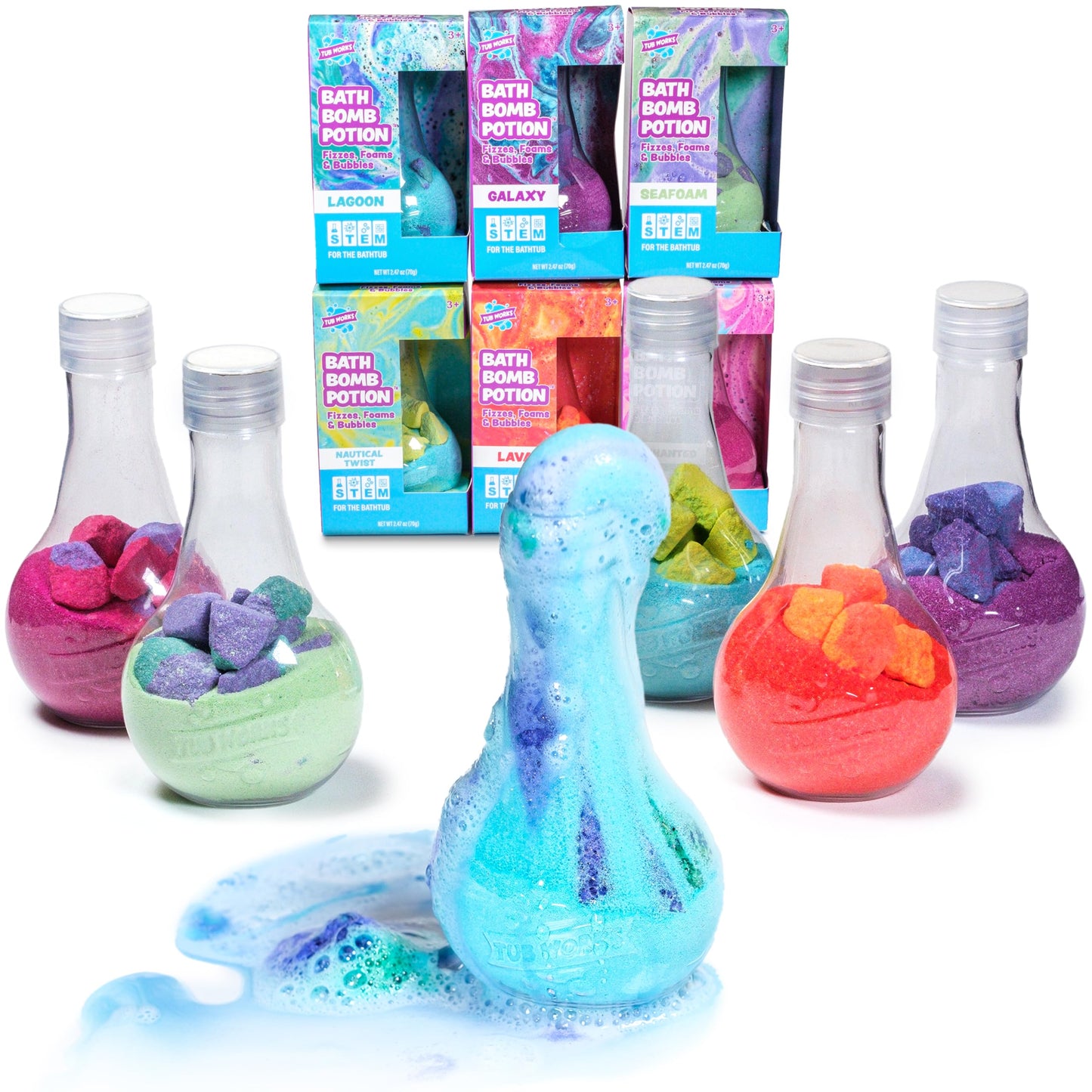Tub Works® Kids Bath Bomb Potion™ Bath Toy, Variety 6 Pack | Nontoxic | Fizzes, Foams & Bubbles with an Eruption of Color | Interactive Bath Bombs | Fun Science Toddler Bath Toys