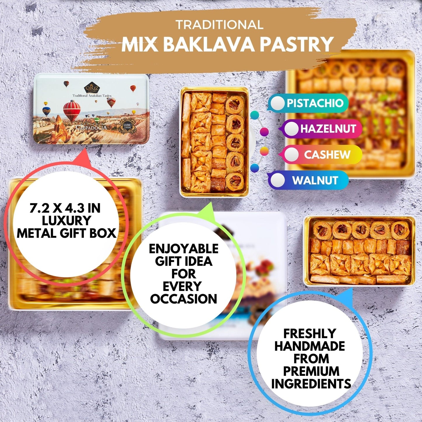 Cerez Pazari Baklava Pastry 8.5oz, Baklava Gift Box with Rich Pistachios, Walnuts, Hazelnuts and Cashews, Halal Shatila Baklava, Traditional Turkish Arabic Dessert Gift Box, Sweet Food Gifts for Women