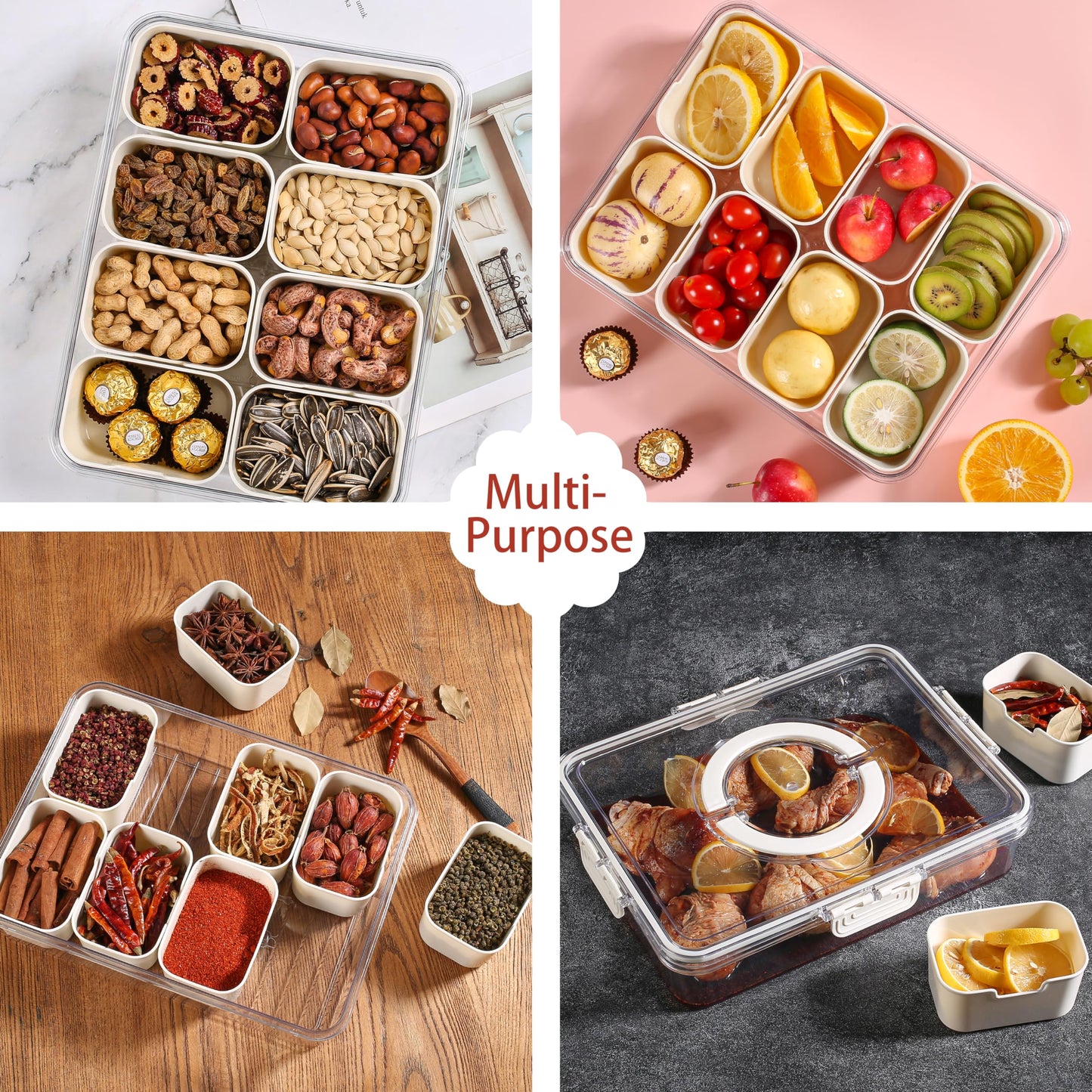 Bandesun Divided Serving Tray with Lid and Handle - Snackle Box Charcuterie Container for Portable Snack Platters - Clear Organizer for Candy, Fruits, Snacks,Nuts - Perfect (Pack of 2)