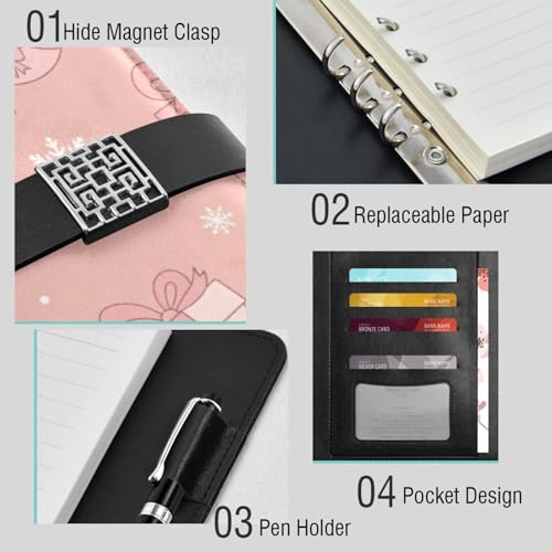 DIGTIA Christmas Trees Gifts Snowflakes PU Leather Notebook A5 Binder 6 Ring Refillable Journal with Magnetic Buckle Closure Loose Leaf Travel Office Planner Budget Binder Notepad Portfolio,