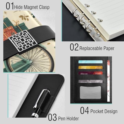 DIGTIA Christmas Bicycles with Gifts Pattern PU Leather Notebook A5 Binder 6 Ring Refillable Journal with Magnetic Buckle Closure Loose Leaf Travel Office Planner Budget Binder Notepad Portfolio,