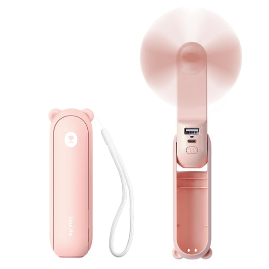 JISULIFE Handheld Mini Fan, 3 IN 1 USB Rechargeable Portable Fan [12-19 Working Hours] with Power Bank, Flashlight, Pocket Design for Travel/Summer/Concerts/Lash, Gifts for Women (Pink)